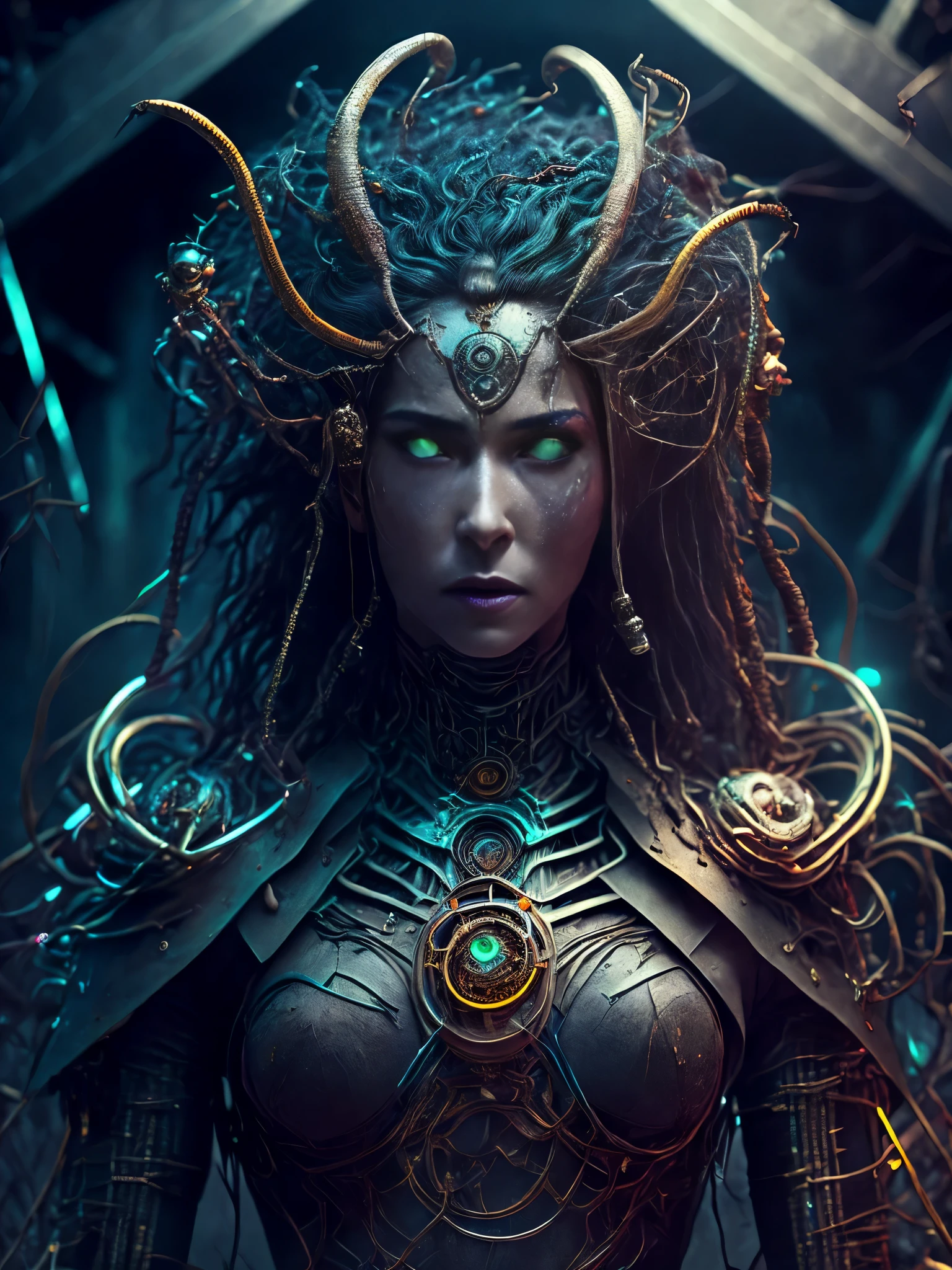 breathtaking cinematic science fiction photo of a full body medusa, metal skin, body full of rapped wires and glowing metrics inside, glowing multicoloured eyes, multifaceted eyes, metallic arms, inside a destroyed building, extremely menacing creature, highly detailed, award-winning