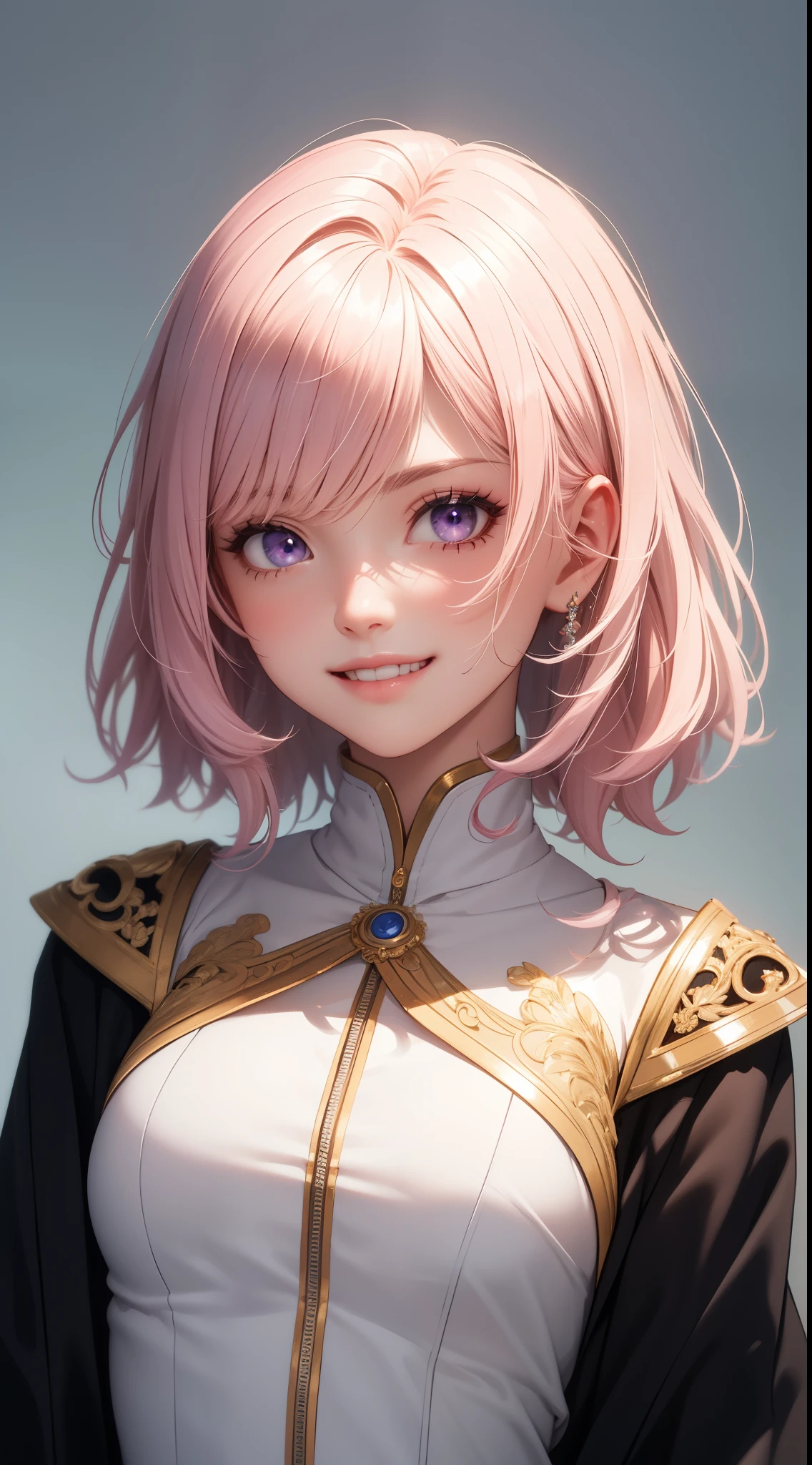 (masterpiece, highest quality), intricate details, thin, ((slim)), beautiful girl, light pink hair, white skin, light purple eyes, sharp jaw line, cropped jacket, messy hair, lips, Upper body, close, grin