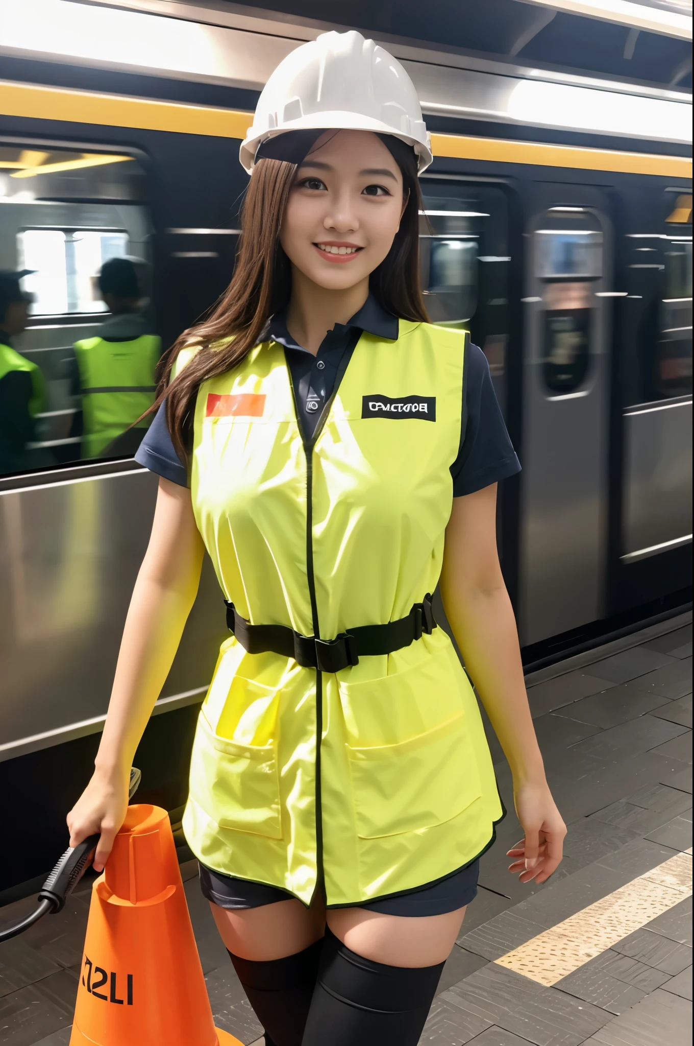 (((subway track maintenance worker costume))),(((reflective vest))),(((hard hat))),(((rubber boots))),(((sit and knees up))),(((double-breasted,underbust:1.2))),ulzzang-6500-v1.1, (Raw photo:1.2), (Photo realistic:1.4), a beautiful detailed girl, extremely detailed eye and face, beautiful detailed eyes, ultra-detailed, High resolution, top-quality, ​masterpiece, highly detailed, 8k wallpaper, Wonderful, finely detail, top-quality, Light on the face,电影灯光,1girl in,(),Beautiful eyes,smile,Opening Mouth
