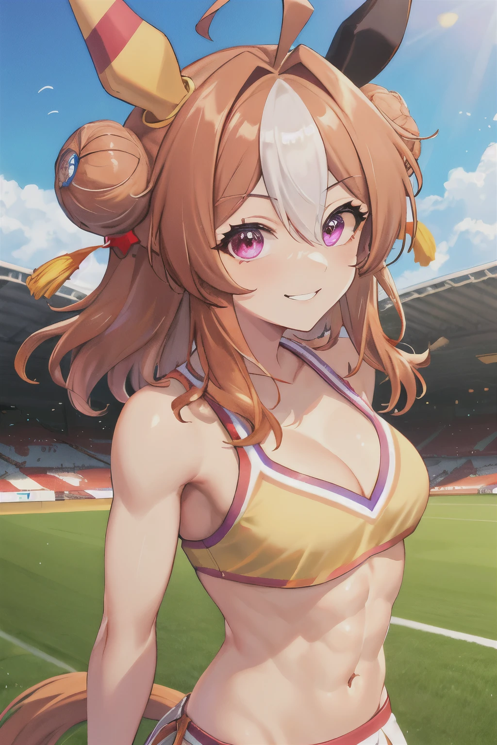 copano rickey\(umamusume\), (((ultra-detailed face))), beautiful face, symmetrical face, (masterpiece), best quality, front, horse tail, stadium, smile, (muscular), (abs:0.85), cheerleader uniform, bikini