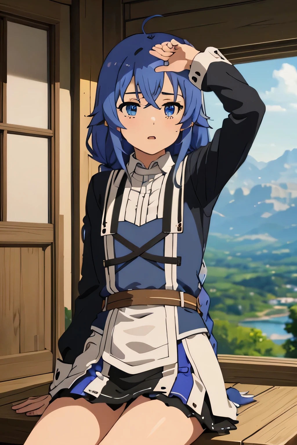 music_Migurdia(Mushoku Tensei)、1 girl, masterpiece、４K,、best image quality、highest quality、blush、embarrassing、blue eyes、dark blue hair、double blade}、{gains}、{{Kurta}}、Sartori、looking at the audience、{Low - Angle}, {lower body}、national foundation, {{sexy}}、white pantiesに手を入れる,spread your legs,white panty masturbation}}、A large amount of love juice drips from the pussy.、Puddles under the crotch