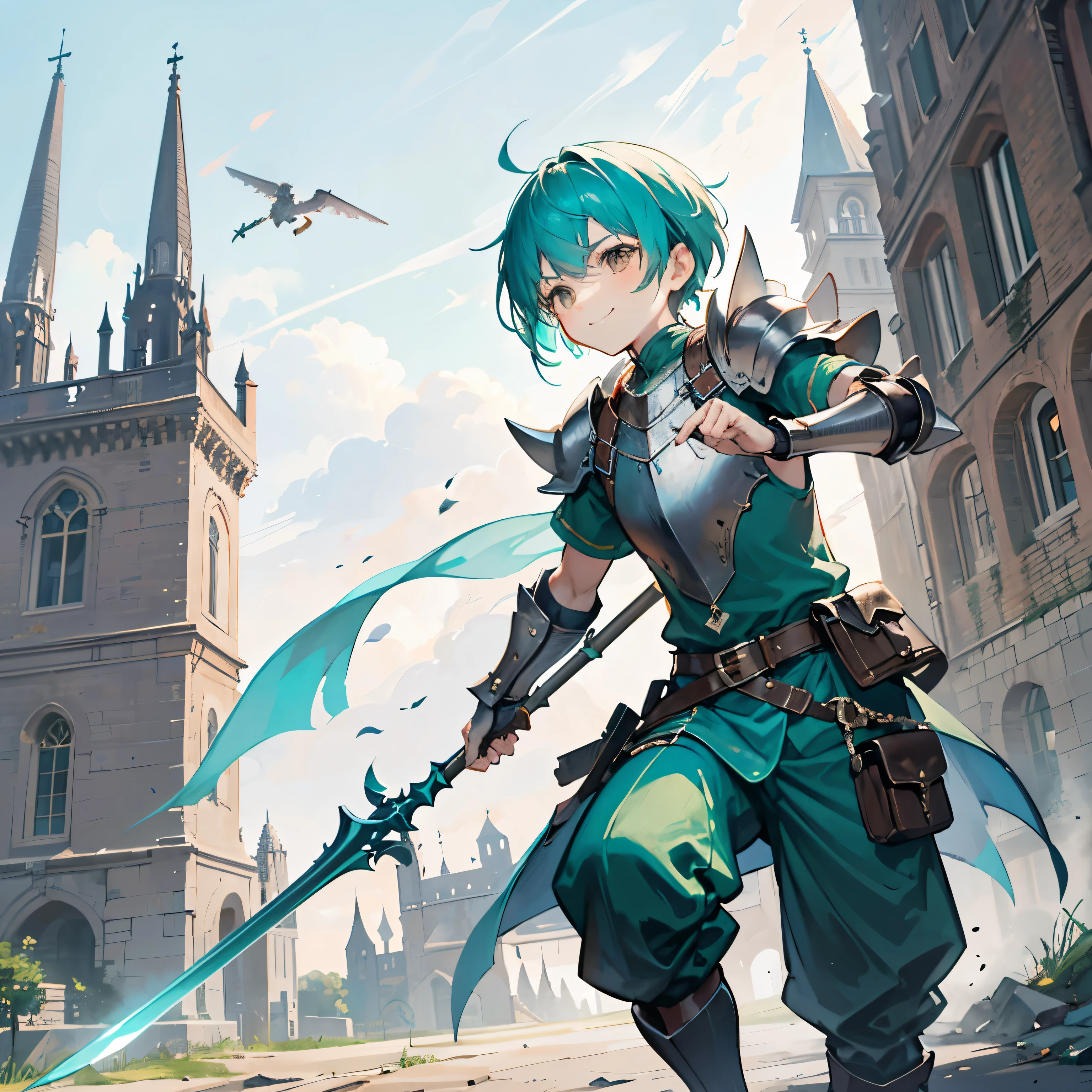 Front view, dynamic angle, 1 boy boy, kid san, kid lancer, rt hair, spiky hair, spiky hair, turquoise hair, turquoise hair, brown eyes, cute, confident, cocky, smile, green outfit, a few armor pieces, 1 shoulder plate, shoulder plate and gauntlet in his left arm, armor headpiece, minimal chest plate, no lower body armor, lance, halberd, spear, holding a spear, simple spear, simplistic spear, minimal wooden spear, wooden spear with a blade on the tip, action pose, dynamic pose, medieval setting, medieval city background, castle background, medieval castle background