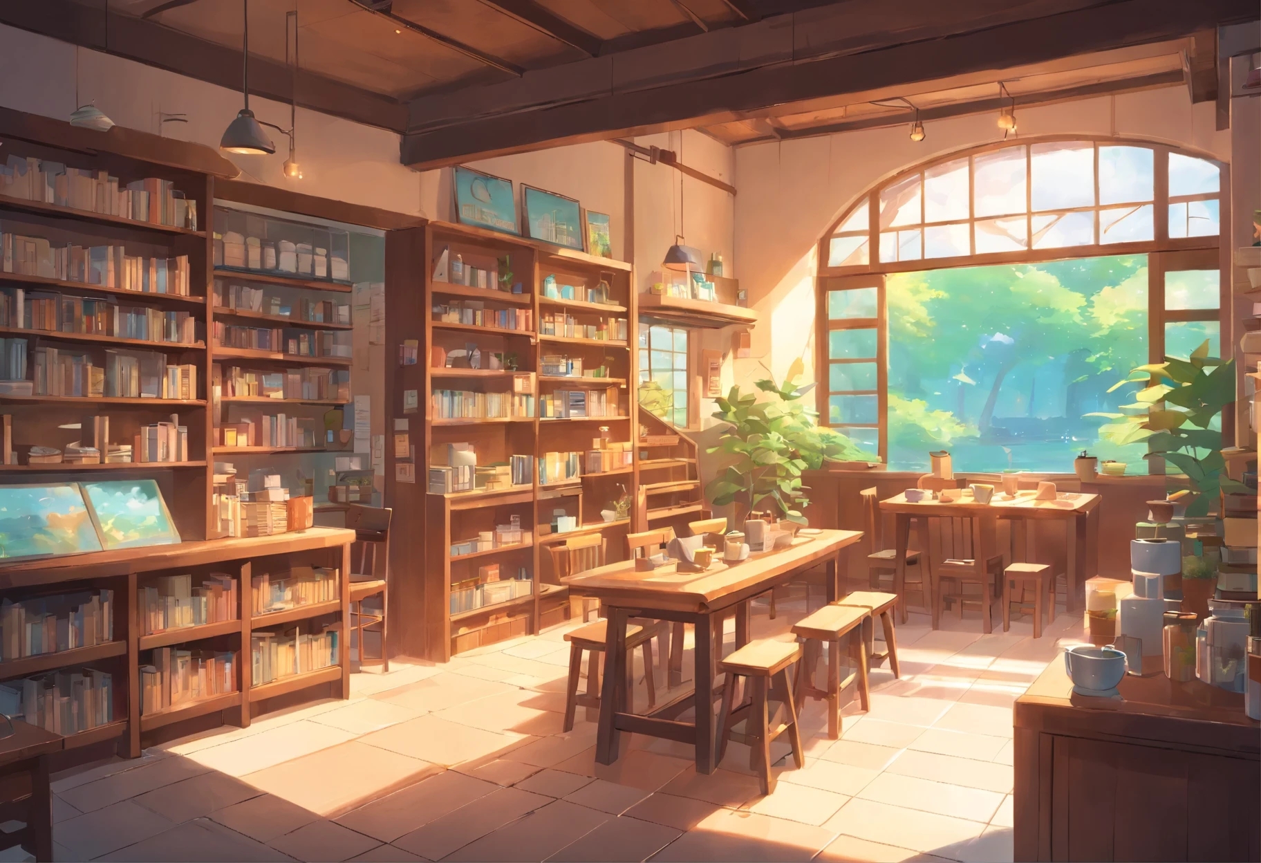 cafe store inside the room Interior with loft Stacked Books There is a hammock no humans open window refreshing daytime Bright Ghibli style