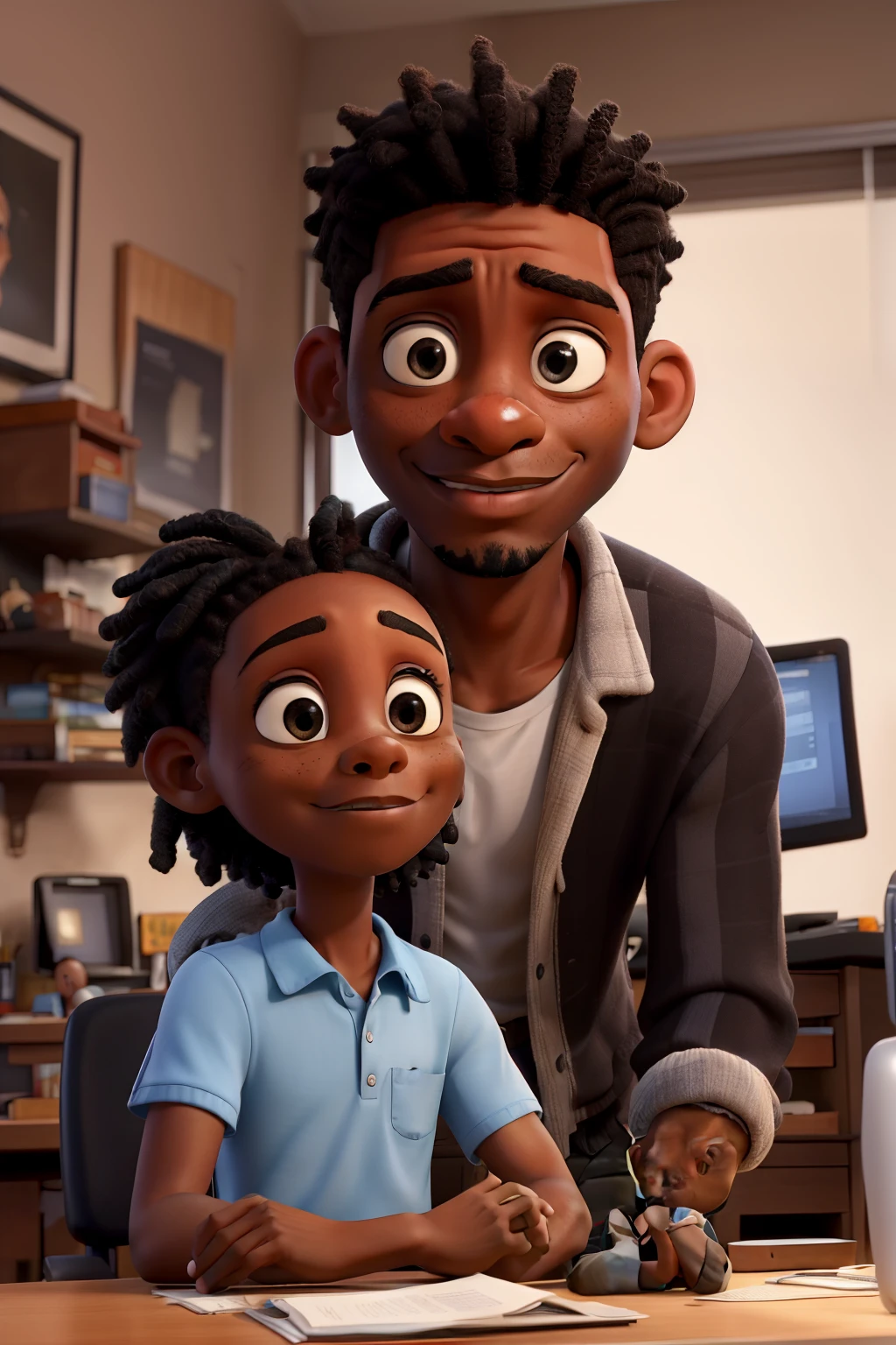 black man talking to a   sitting at a table, computer on the table, anxious parent's face,  sad face