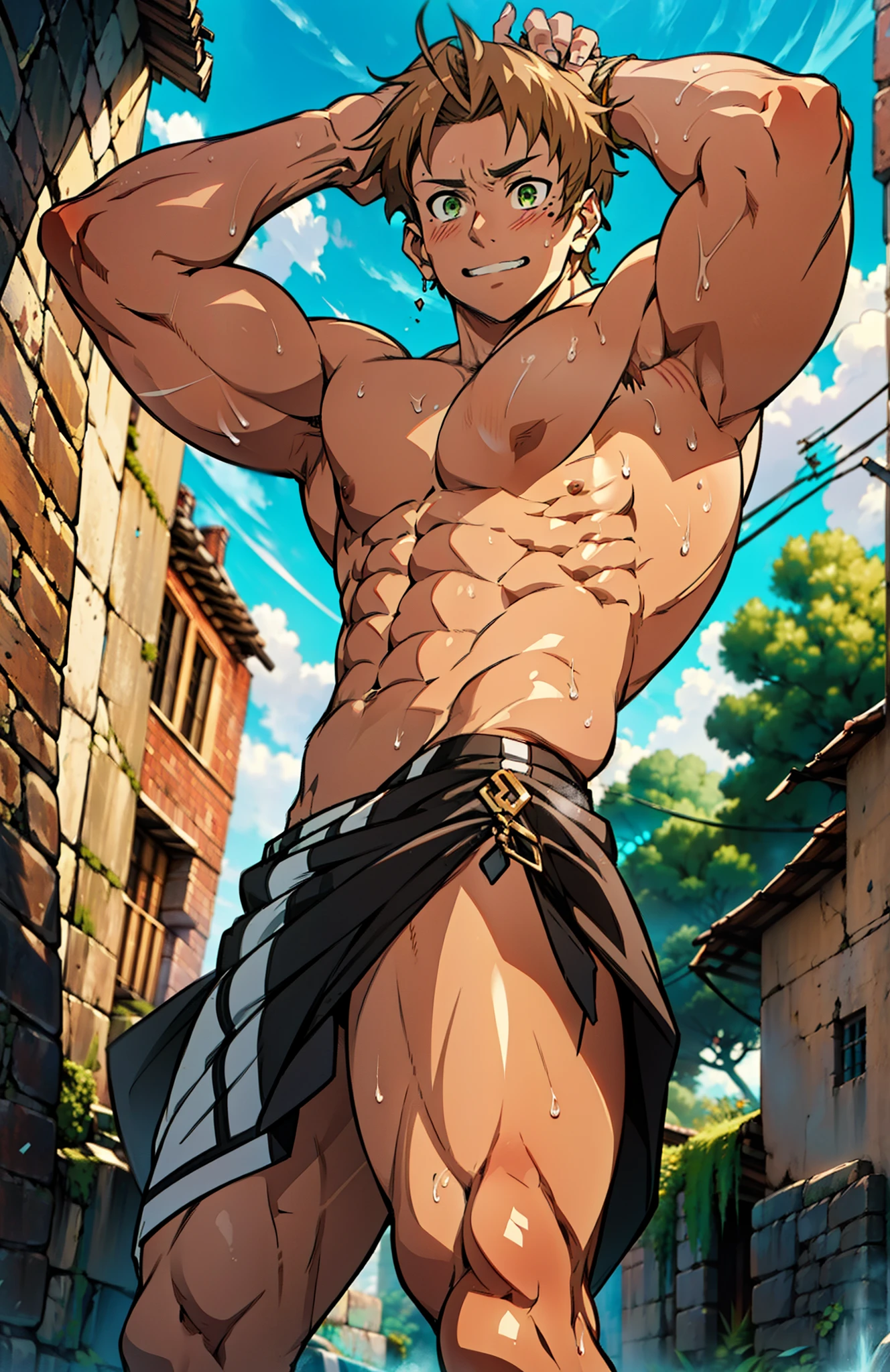 Side view, Showing off his muscular muscular back, red skin, bright red skin, the boy blushed shyly , rosy skin, shiny skin(muscular thigh muscles )( anime style, art) (photo angle from bottom up) (photo angle from the ground upwards) [Anime photo][highest quality photo][4k,HD photo quality ] wear tight and short loincloths , bulging loincloths, torn loincloths, wet loincloths, ancient, dirty loinclothuscular thigh muscles, firm thigh muscles, muscular thigh muscles, sinewy thigh muscles, giant thigh muscles, strong leg muscles, muscular hamstring leg muscles)(thigh muscles bulging as if about to explode, muscular, calloused, sinewy, giant) , Rudeus Greyrat,fun, happy, huge body, muscular and muscular, bodybuilder, bodybuilding, standing, lots of sweat flowing down, topless, shirtless, hot sunny, 8 pack abs , short hair , green eyes, Side View , Raise your arms high to reveal your armpits, Hands behind the head.