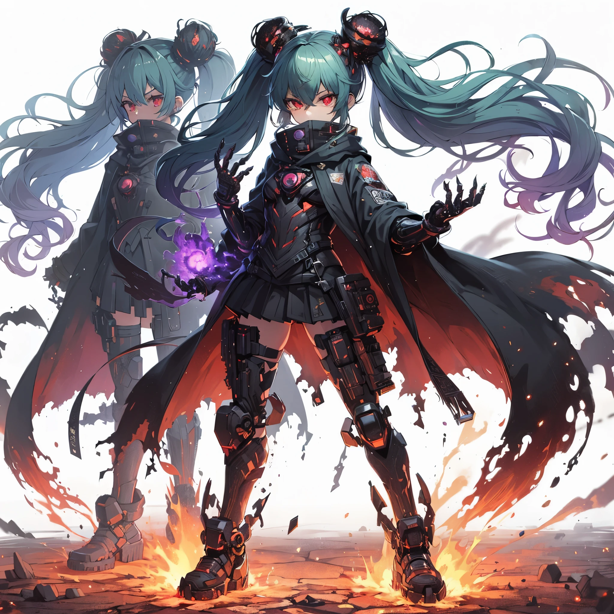 (masterpiece, Best Quality), (Perfect athlete body:1.2), (detailed hairs), Ultra-detailed, Anime style, Full body, cyberpunk Egged runner girl, burnt black mechanical limb, ((fists of black-purple flame)), Sea green two topknot hairstyle with red eyes, wearing raged cape and cyberpunk outfit. standing in burned earth, 8k high resolution, white background, whole-body, full-length view,