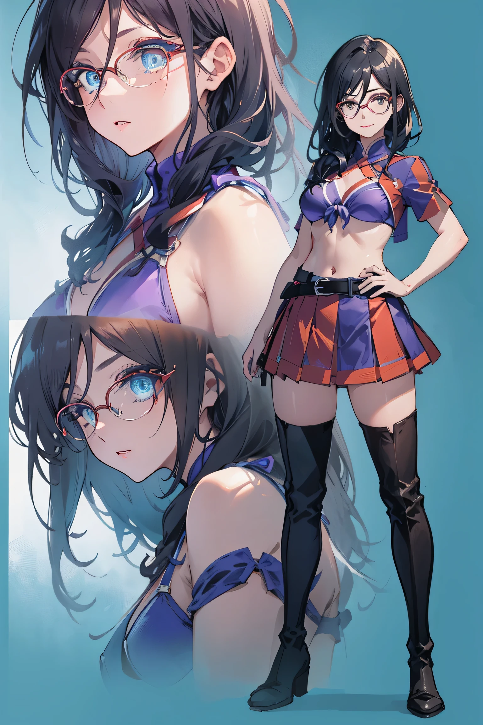 ultra-detailed,aaasuka,long hair,glasses,red-framed eyewear,
BREAK (Wearing layered bikini, microskirt, official alternate costume, purple belt, purple bikini, revealing clothes, short sleeves, skirt, swimsuit, thigh boots, thighhighs:1.2)
BREAK (multiple views:1.5),from behind,from_front,(blue background:1.3),(full body:1.4),arms at sides,
BREAK beach,
BREAK (masterpiece:1.2), best quality, high resolution, unity 8k wallpaper, (illustration:0.8), (beautiful detailed eyes:1.6), extremely detailed face, perfect lighting, extremely detailed CG, (perfect hands, perfect anatomy),