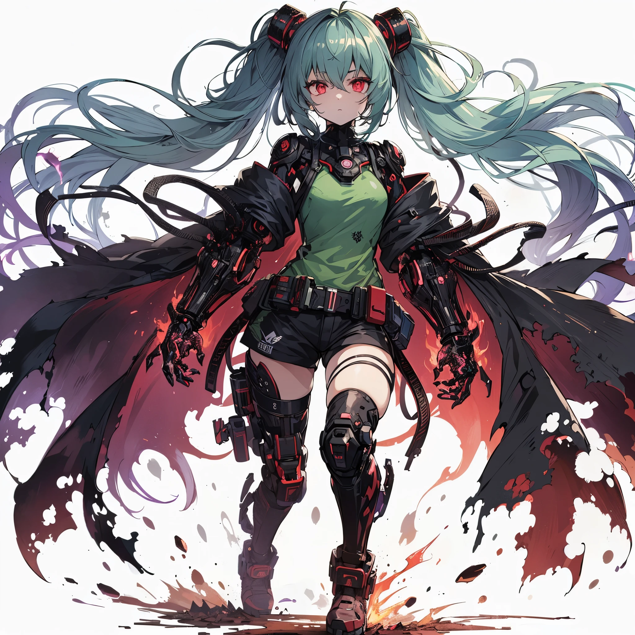 (masterpiece, Best Quality), (Perfect athlete body:1.2), (detailed hairs), Ultra-detailed, Anime style, Full body, cyberpunk Egged runner girl, burnt black mechanical limb, ((fists of black-purple flame)), Sea green two topknot hairstyle with red eyes, wearing raged cape and cyberpunk outfit. standing in burned earth, 8k high resolution, white background, whole-body, full-length view,
