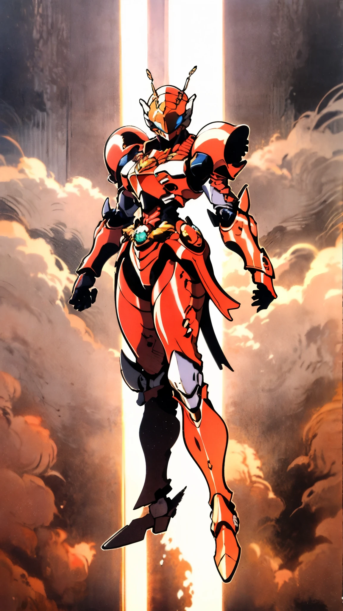 A woman adorned in fantasy-style full-body armor, a crown-concept fully enclosed helmet that unveils only her eyes, a composite layered chest plate, fully encompassing shoulder and hand guards, a lightweight waist armor, form-fitting shin guards, the overall design is heavy-duty yet flexible, ((the armor gleams with a golden glow, complemented by red and blue accents)), exhibiting a noble aura, she floats above a fantasy-surreal high-tech city, this character embodies a finely crafted fantasy-surreal style armored hero in anime style, exquisite and mature manga art style, (Queen bee mixed with Spider concept Armor, plasma, blood), ((Element, energy, elegant, goddess, femminine:1.5)), metallic, high definition, best quality, highres, ultra-detailed, ultra-fine painting, extremely delicate, professional, anatomically correct, symmetrical face, extremely detailed eyes and face, high quality eyes, creativity, RAW photo, UHD, 32k, Natural light, cinematic lighting, masterpiece-anatomy-perfect, masterpiece:1.5