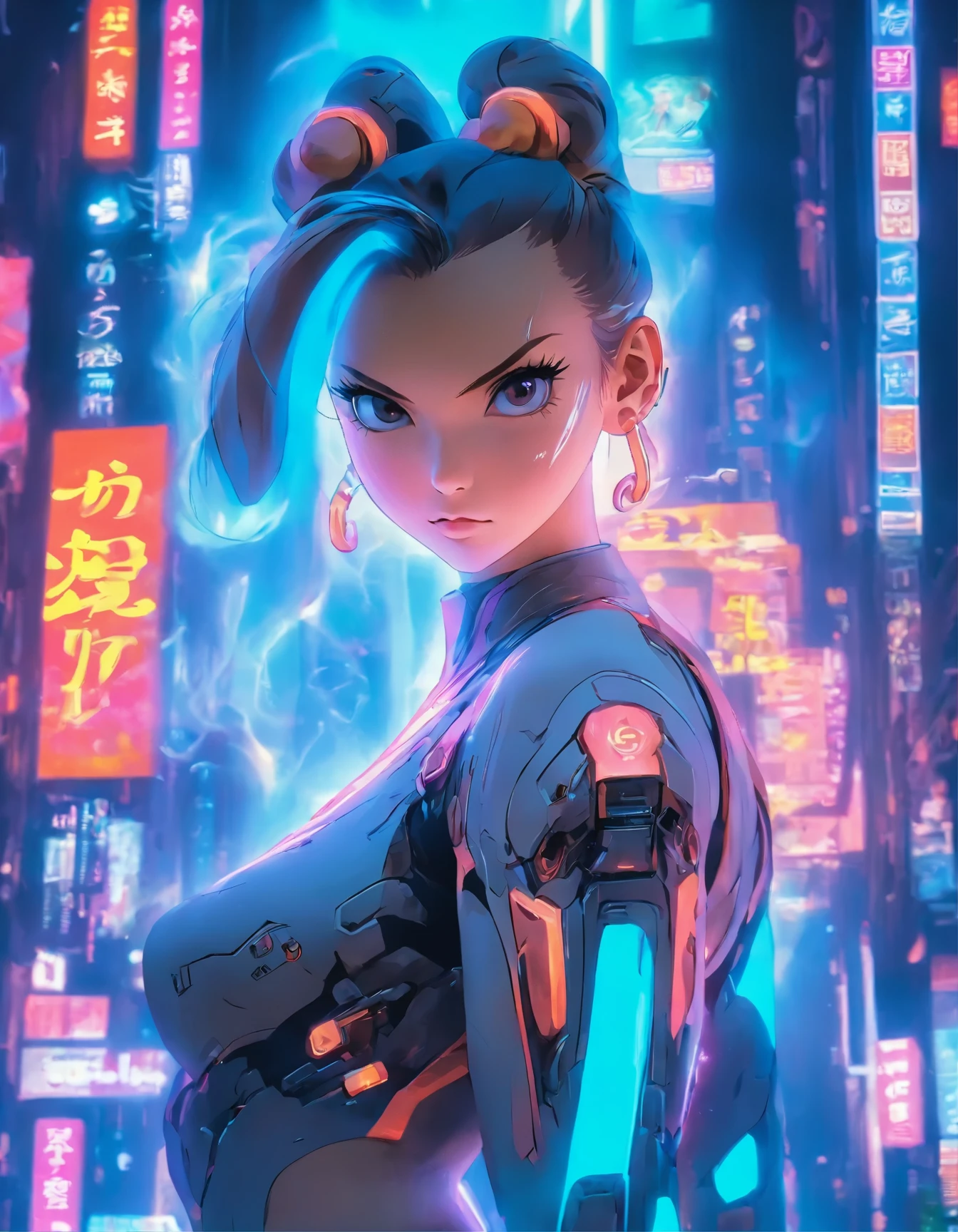 （best quality：1.3），（masterpiece：1.2），16k，level picture quality，future technology，1girl，A Chinese Chun-Li wearing a cyberpunk-style mecha costume，meatball head，（glowing electronic screen），（Electronic information flow：1.3），Holographic projection，（Glowing electronic screen on arm：1.2），whole body多线条光条，Luminous text on thigh，（girl pose：1.2），Glowing electronic shoes，whole body，Colored smoke，City blocks，skyscraper，neon lights，