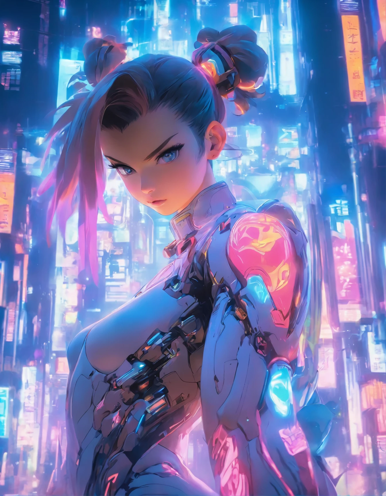 （best quality：1.3），（masterpiece：1.2），16k，level picture quality，future technology，1girl，A Chinese Chun-Li wearing a cyberpunk-style mecha costume，meatball head，（glowing electronic screen），（Electronic information flow：1.3），Holographic projection，（Glowing electronic screen on arm：1.2），whole body多线条光条，Luminous text on thigh，（girl pose：1.2），Glowing electronic shoes，whole body，Colored smoke，City blocks，skyscraper，neon lights，
