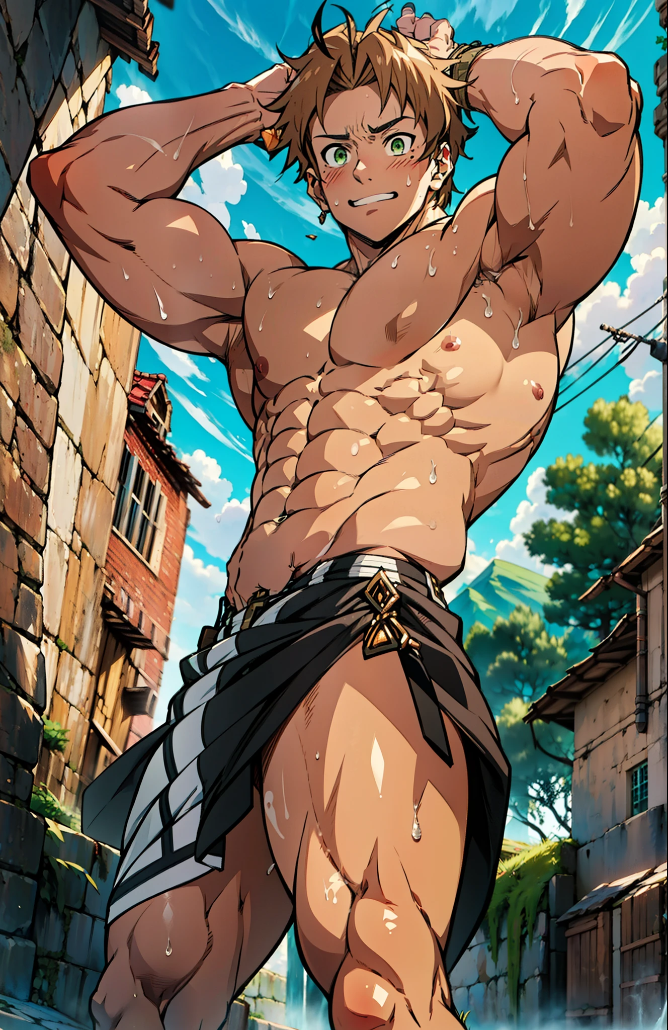 Side view, Showing off his muscular muscular back, red skin, bright red skin, the boy blushed shyly , rosy skin, shiny skin(muscular thigh muscles )( anime style, art) (photo angle from bottom up) (photo angle from the ground upwards) [Anime photo][highest quality photo][4k,HD photo quality ] wear tight and short loincloths , bulging loincloths, torn loincloths, wet loincloths, ancient, dirty loinclothuscular thigh muscles, firm thigh muscles, muscular thigh muscles, sinewy thigh muscles, giant thigh muscles, strong leg muscles, muscular hamstring leg muscles)(thigh muscles bulging as if about to explode, muscular, calloused, sinewy, giant) , Rudeus Greyrat,fun, happy, huge body, muscular and muscular, bodybuilder, bodybuilding, standing, lots of sweat flowing down, topless, shirtless, hot sunny, 8 pack abs , short hair , green eyes, Side View , Raise your arms high to reveal your armpits, Hands behind the head.