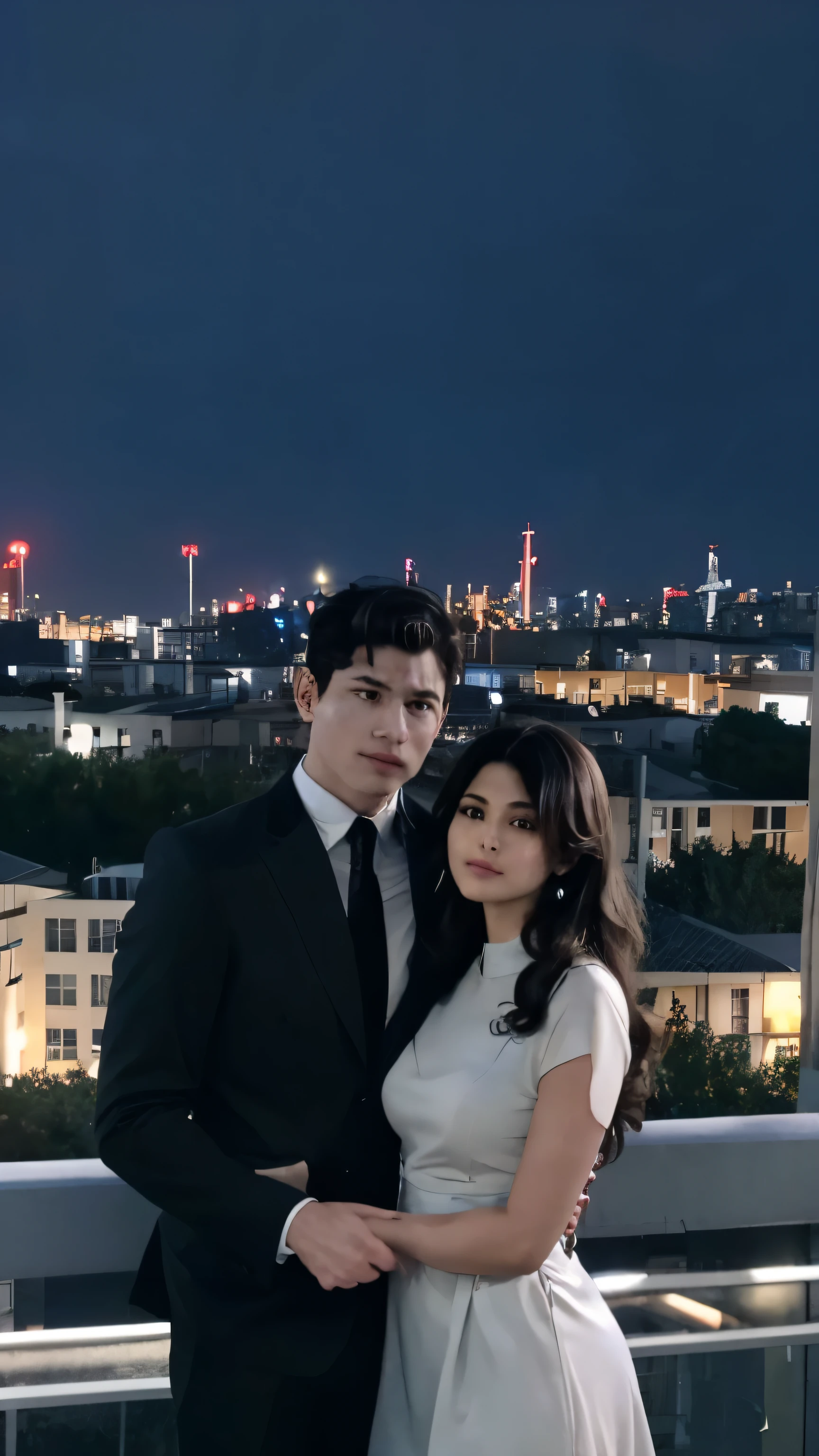 Real image. Couple. Iranian half korean. Man handsome 24 yo, athletic body muscular, perfect wore suit like a ceo. hug a beautiful woman plumpy body, small lips and long hair neat abundant half curly hair , wearing light blue summer dress. Backgroud set is the city view from rooftop.