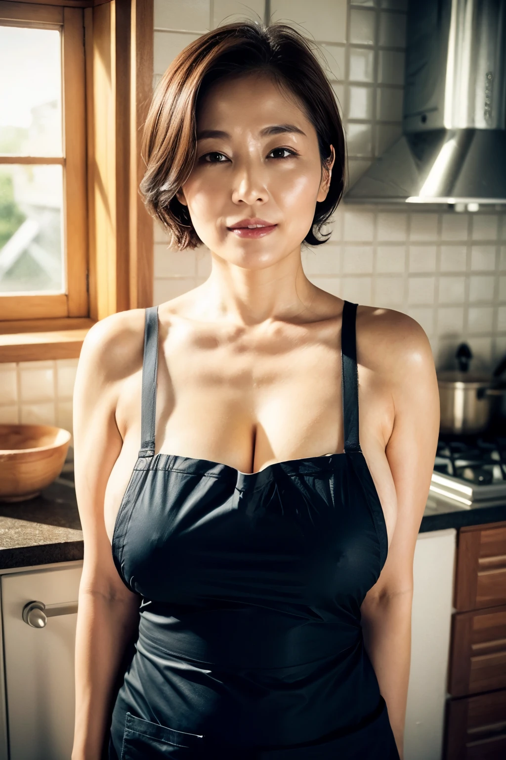 masterpiece, 16 K, Japanese, 1womanl ,60 years old , kitchen Apron, short Naked Apron ,(huge-breasted :1.4) ,cleavage ,chubby, realisitic, Double eyelids, Textured skin, canon, 8K, Super Detail, ccurate, Best Quality, busy in work, 32k, , high quality skin, skin pores, skin texture, sweat,