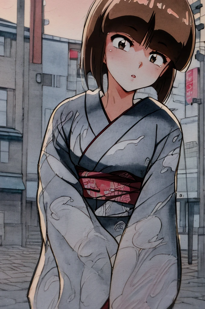 (best quality,4k,8k,highres,masterpiece:1.2),ultra-detailed,realistic,photorealistic:1.37,Nabiki Tendo,beautiful detailed eyes,beautiful detailed lips,extremely detailed eyes and face,longeyelashes,2girls,modern portrait,traditional painting techniques,soft warm lighting,vibrant colors,expressive brushwork,subtle textures,Japanese manga style,contemporary realism,watercolor and ink wash,loose brushstrokes,traditional clothing,Kimono,playful expression,confident posture,urban background,crowded streets,reflection on wet pavement,fleeting moment,street photography vibe,city skyline,contrast of traditional and modern elements,grainy film effect