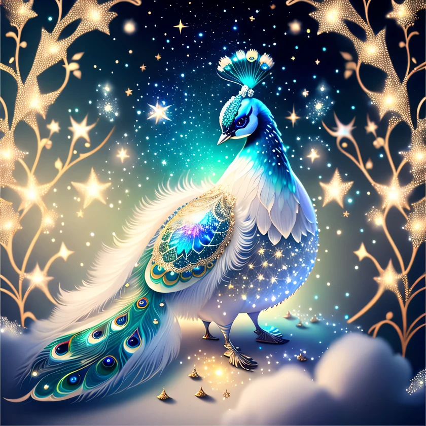Magic white Peacock, Kawaii, Fluffy, Sparkling Stars Body Paint, Dream Forest, Realistic Painting, 8K, ArtStation Trend, Award Winning Photos, Cinematic Smoothness, Intricate Details , 4k Magical beautiful background