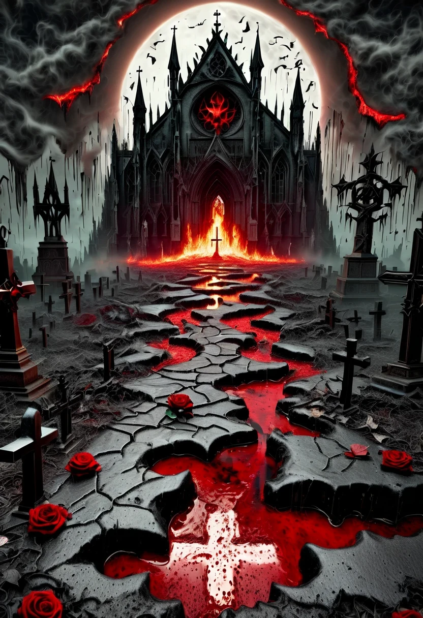 （Messenger from hell：1.4），cross，one个巨大的吸Blood鬼，looking from bottom to top，hell，magma，flame，（紫色flame：1.3），There is fresh Blood on the ground，Blood pool，dripping Blood，Gothic aesthetics，one、Rose、castle、cross、Blood、churchyard，gothic style的神秘、solemn and profound，gothic style，gothic style蕾丝的衣服、象征浪漫的Rose、grave、吸Blood鬼、witch、ruins、gothic cathedral，Gothic symbols series