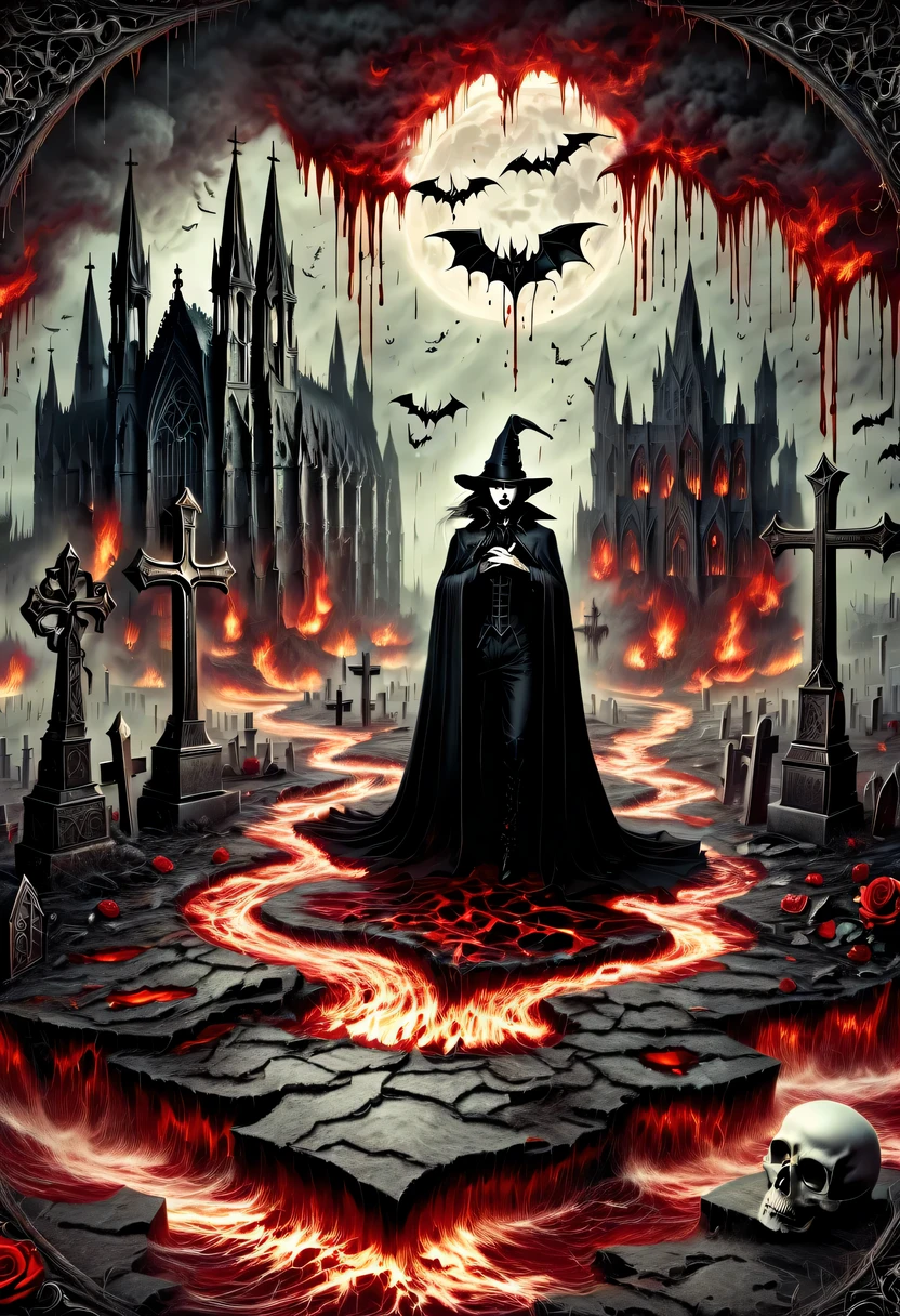 （Messenger from hell：1.4），cross，one个巨大的吸Blood鬼，looking from bottom to top，hell，magma，flame，（紫色flame：1.3），There is fresh Blood on the ground，Blood pool，dripping Blood，Gothic aesthetics，one、Rose、castle、cross、Blood、churchyard，gothic style的神秘、solemn and profound，gothic style，gothic style蕾丝的衣服、象征浪漫的Rose、grave、吸Blood鬼、witch、ruins、gothic cathedral，Gothic symbols series