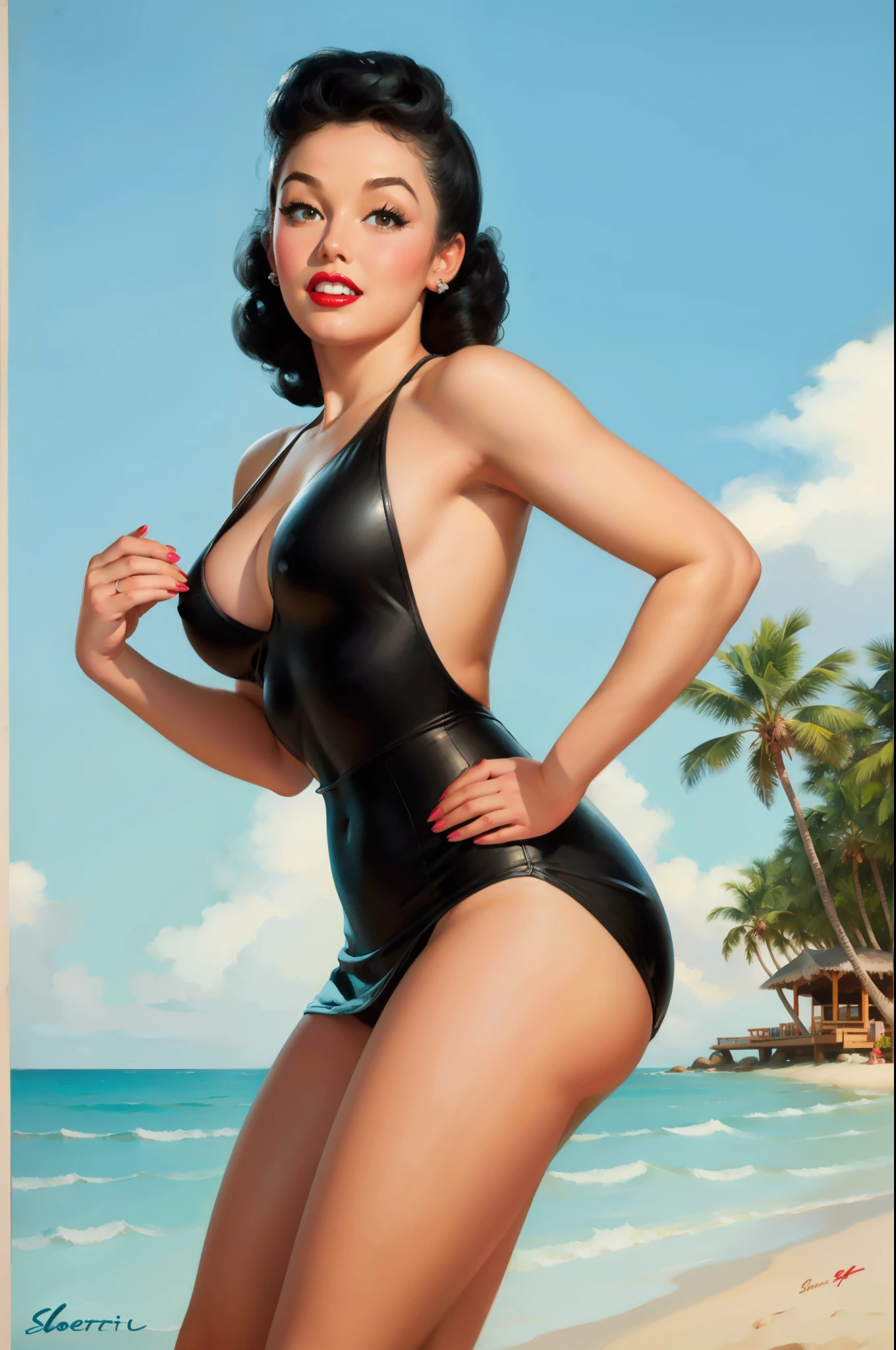 20 years old Girl at the beach, wearing a swim suit, medium breast, shining skin, dramatic lighting, pin up style, sexy, surprised, , colorful , masterpieces, illustrated, shining skin, detailed face, Medium breast. tight body. black hair, Illustrated BY Zoe Mozert, pinup art byZoe Mozert, vintage pin up, illustrated by Zoe Mozert, girl pinup, pinup girl, pin-up poster girl, pin up girl, pinup, pin - up girl, Detailed face, Detailed Hands, Detailed legs,