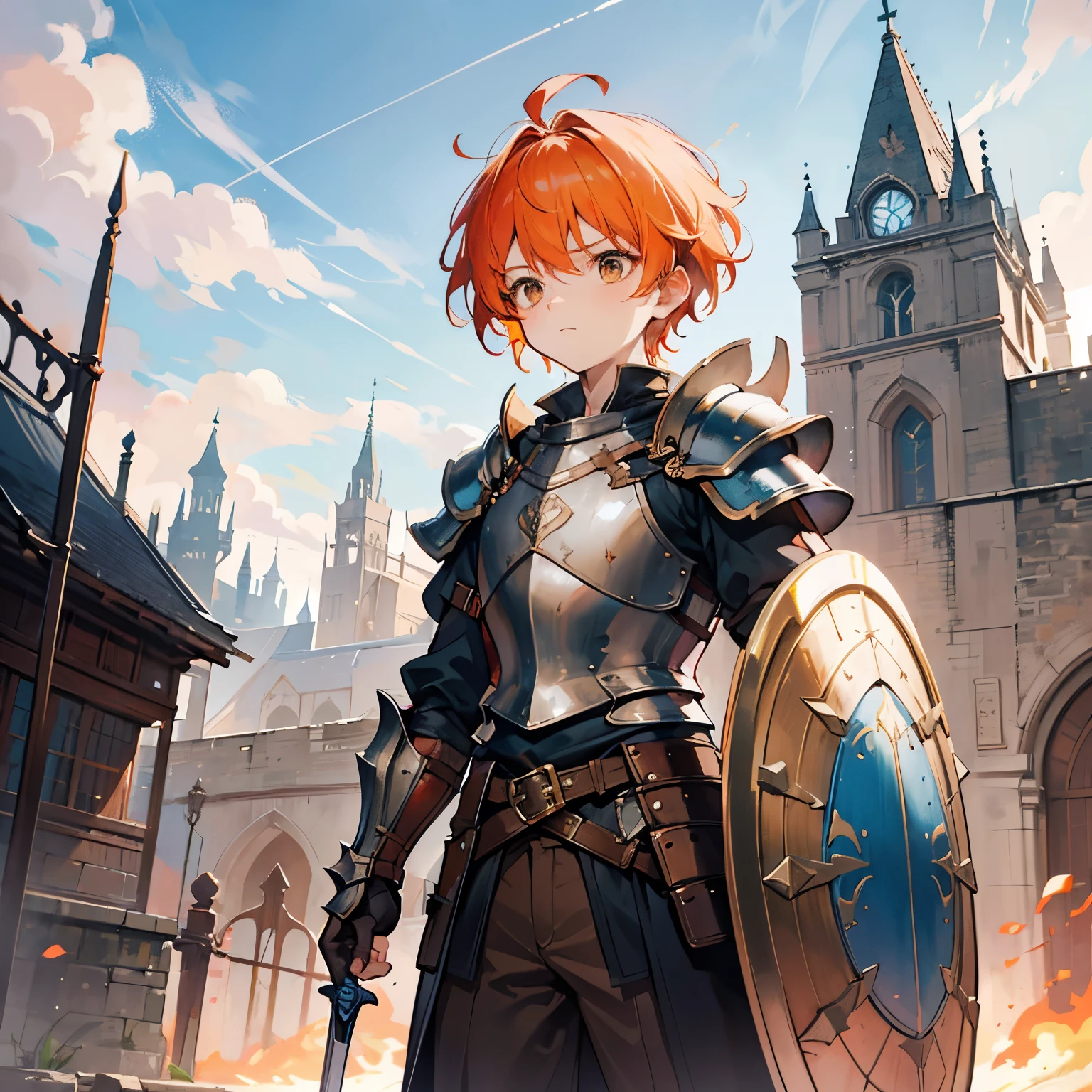 Front view, dynamic angle, 1 boy,  boy, kid kht, kid knig very spiky hair, spiky hair, orange hair, orange spiky hair, brown eyes, cute, scared expression, unsure expression, shy expression, brown outfit, a few armor pieces, 1 shoulder plate, shoulder plate and gauntlet in his left arm, armor headpiece, minimal chest plate, no lower body armor, holding a big wooden shield, big wooden shield, round shield, oversized shield, sword, medieval setting, medieval city background, castle background, medieval castle background