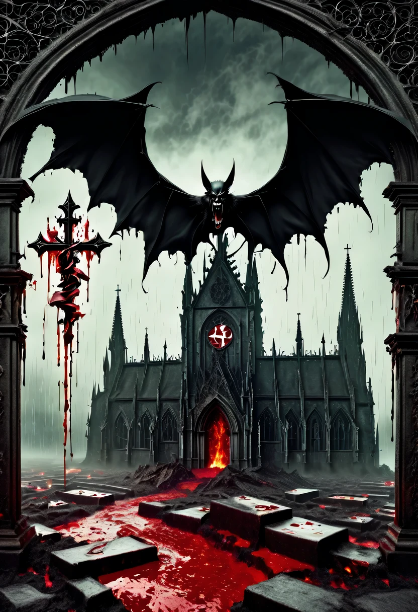 （Messenger from hell：1.4），cross，one个巨大的吸Blood鬼，View of sickle from below，hell，magma，flame，（紫色flame：1.3），There is fresh Blood on the ground，Blood pool，dripping Blood，Gothic aesthetics，one、Rose、castle、cross、Blood、churchyard，gothic style的神秘、solemn and profound，gothic style，gothic style蕾丝的衣服、象征浪漫的Rose、grave、吸Blood鬼、witch、ruins、gothic cathedral，Gothic symbols series