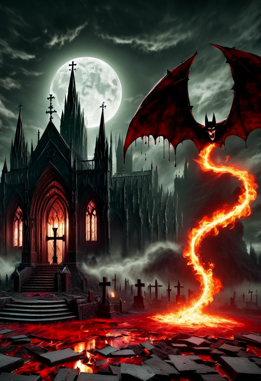 （Messenger from hell：1.4），cross，one个巨大的吸Blood鬼，View of sickle from below，hell，magma，flame，（紫色flame：1.3），There is fresh Blood on the ground，Blood pool，dripping Blood，Gothic aesthetics，one、Rose、castle、cross、Blood、churchyard，gothic style的神秘、solemn and profound，gothic style，gothic style蕾丝的衣服、象征浪漫的Rose、grave、吸Blood鬼、witch、ruins、gothic cathedral，Gothic symbols series