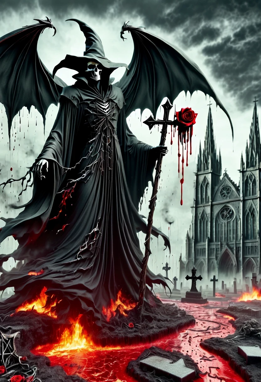 (Messenger from hell:1.4),cross,one个巨大的死神,View of sickle from below,hell,magma,flame,(紫色flame:1.3),There is fresh Blood on the ground,Blood pool,dripping Blood,Gothic aesthetics,one、Rose、castle、cross、Blood、churchyard,gothic style的神秘、solemn and profound,gothic style,gothic style蕾丝的衣服、象征浪漫的Rose、grave、吸Blood鬼、witch、ruins、gothic cathedral,Gothic symbols series