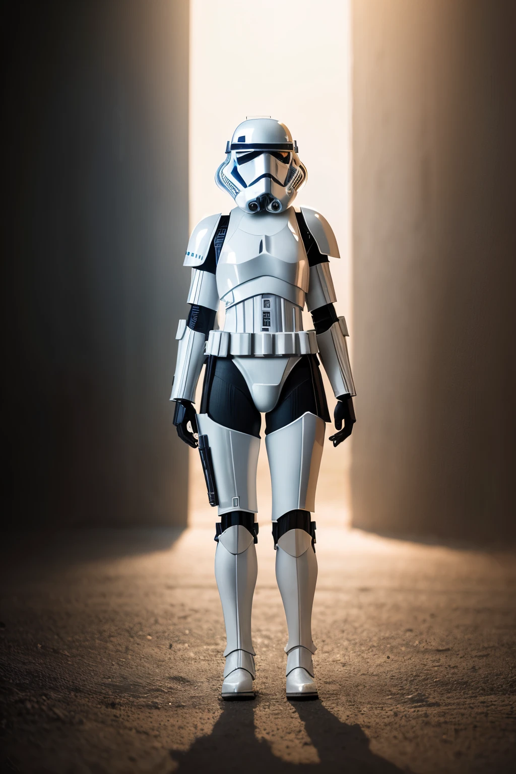 Photo of a female Stormtrooper from Star Wars, imposing figure, black thigh-high boots, medium breast plate, full body armor, dynamic portrait, hyperrealism, detailed RAW color art, bokeh background, Leading Lines Shot creating the illusion of depth, Tilt-Shift technique simulating a miniature scene, Butterfly lighting casting soft and sensual shadows on her armor. Captured in a Canon EOS R6, 24-70mm Lens, f/2.2, RAW file format, 12MP ultra-high definition, cinematic lighting, capturing every intricacy and detail of her iconic armor.