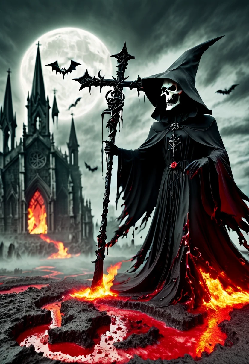 (Messenger from hell:1.4),cross,one个巨大的死神,View of sickle from below,hell,magma,flame,(紫色flame:1.3),There is fresh Blood on the ground,Blood pool,dripping Blood,Gothic aesthetics,one、Rose、castle、cross、Blood、churchyard,gothic style的神秘、solemn and profound,gothic style,gothic style蕾丝的衣服、象征浪漫的Rose、grave、吸Blood鬼、witch、ruins、gothic cathedral,Gothic symbols series