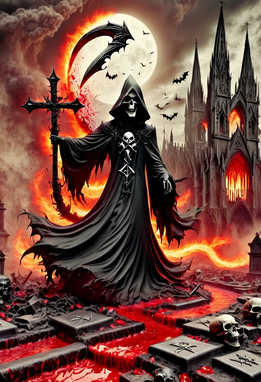 (Messenger from hell:1.4),cross,one个巨大的死神,View of sickle from below,hell,magma,flame,(紫色flame:1.3),There is fresh Blood on the ground,Blood pool,dripping Blood,Gothic aesthetics,one、Rose、castle、cross、Blood、churchyard,gothic style的神秘、solemn and profound,gothic style,gothic style蕾丝的衣服、象征浪漫的Rose、grave、吸Blood鬼、witch、ruins、gothic cathedral,Gothic symbols series