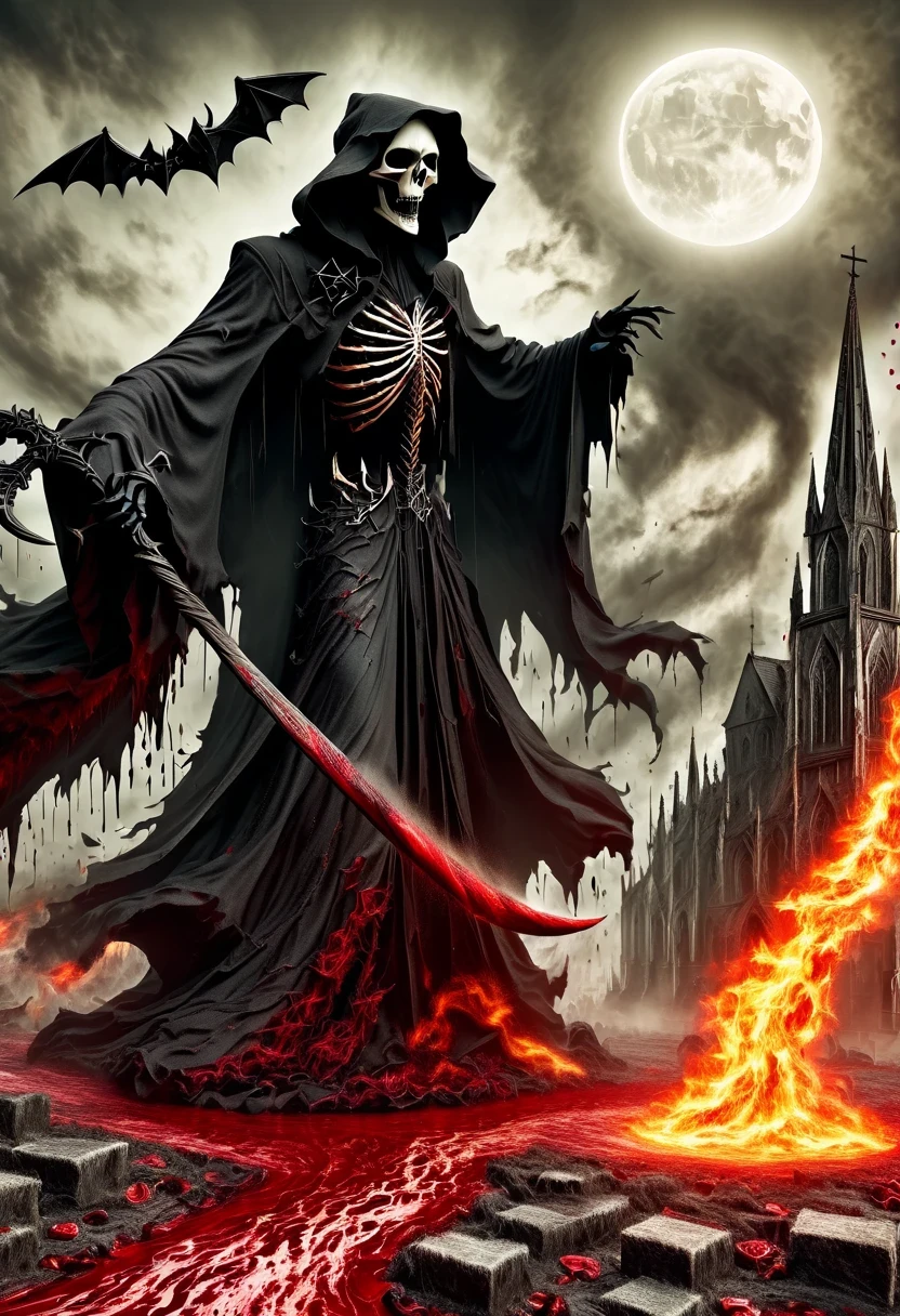 (Messenger from hell:1.4),cross,one个巨大的死神,View of sickle from below,hell,magma,flame,(紫色flame:1.3),There is fresh Blood on the ground,Blood pool,dripping Blood,Gothic aesthetics,one、Rose、castle、cross、Blood、churchyard,gothic style的神秘、solemn and profound,gothic style,gothic style蕾丝的衣服、象征浪漫的Rose、grave、吸Blood鬼、witch、ruins、gothic cathedral,Gothic symbols series