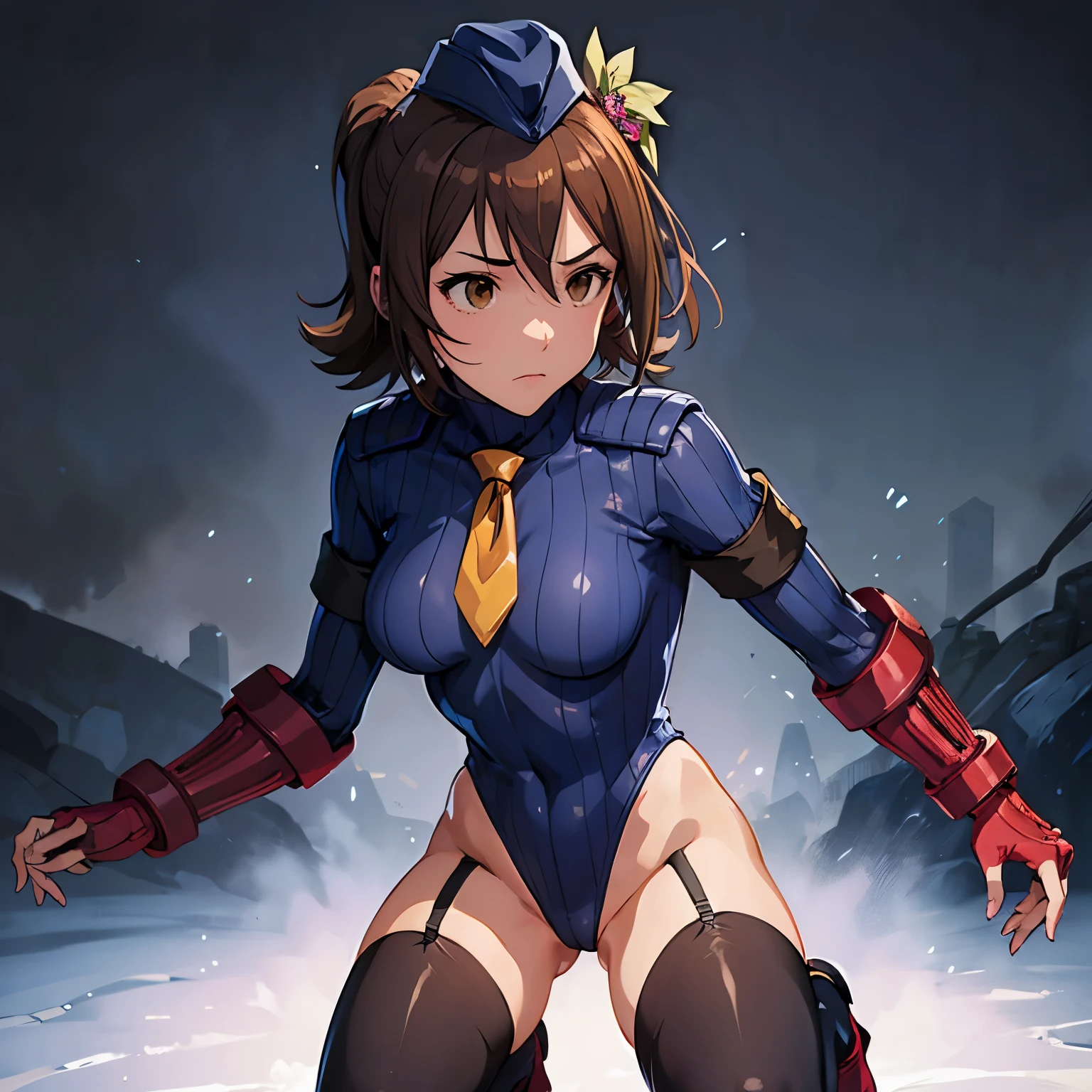 ultra-detailed, Explicit, Beautiful body, Beautiful Nose, Beautiful character design, perfect eyes, perfect face, ultra highres, 4K, beautiful legs, perfect legs, Nice hands, Perfect hand, Masterpiece, Best Quality, Highly detailed, illustration, absurdres, perfect anatomy, street fighter, doll suit, shadaloo doll, dollsuit, expressionless, blank eyes, looking at viewer, red gloves, emotionless, black latex, corrution, mind control, female combatant, full body, hypnotized, unhappy trance, full body suit, ribbed bodysuit, both arms at side, obey, perfect female body, extremely glossy latex, hypnosis, hypnoLora, empty eyes, Mind control device, poses, submissive_pose, Slave, kneeling straight, kneeling , kneeling at attention, hat, necktie, belt, latex, ribbed bodysuit, thighhighs, garter belt, Fighting Stance, extending the right arm from the shoulder into the air with a straightened hand, military, thigh boots, 1girl, hair ornaments, brown hair, short hair, brown eyes (((pixel-perfect, detail-perfect))), solo, 1girl, Mirai Kasuga, MILLION LIVE!, dogeza, (dogeza:1.2),
