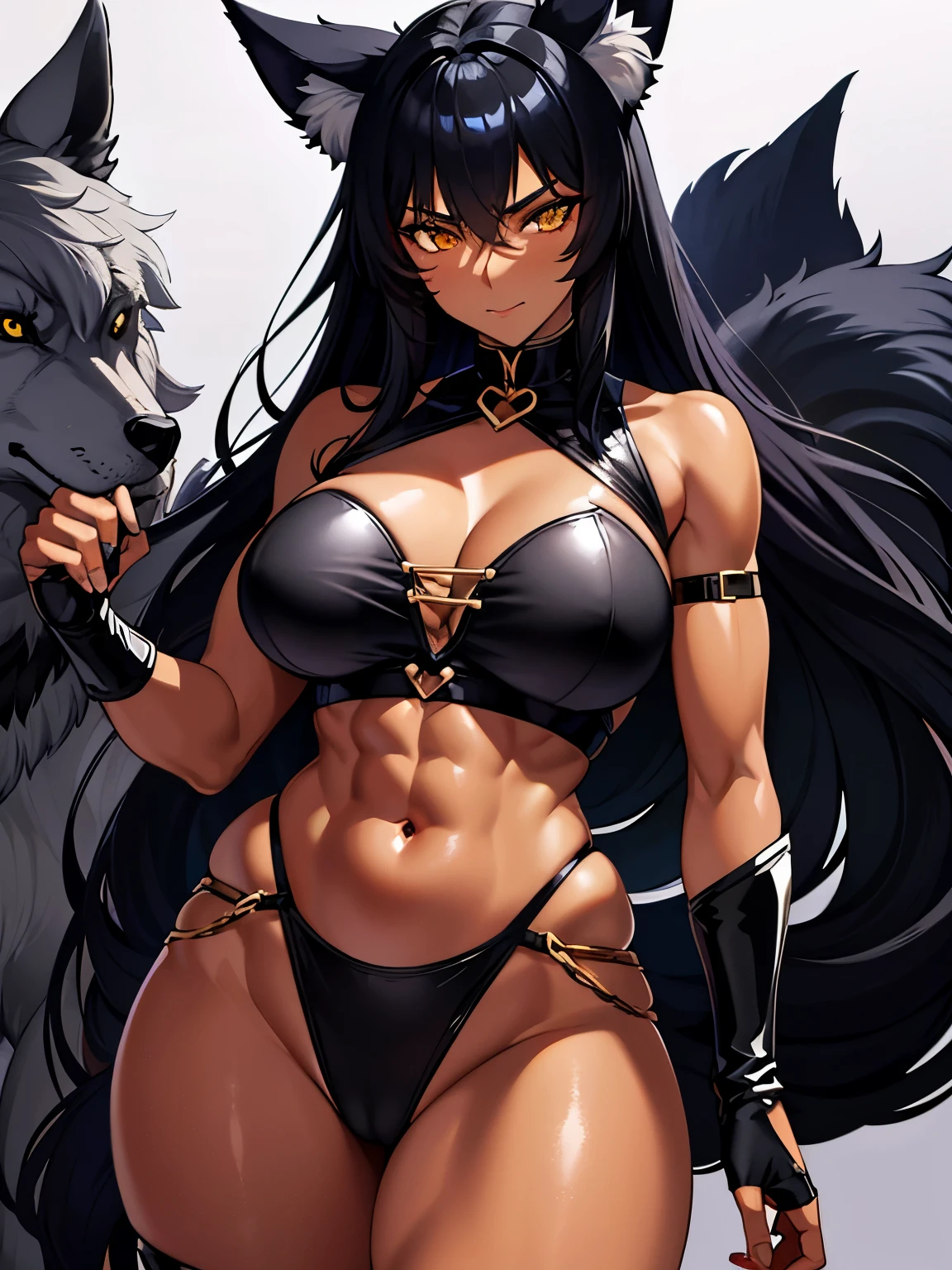 Wolf Girl, Wolf ears, Wolf tail, black hair, tall woman, mature, toned body, dark skin, muscular, wild, beast, vicious, amazone,