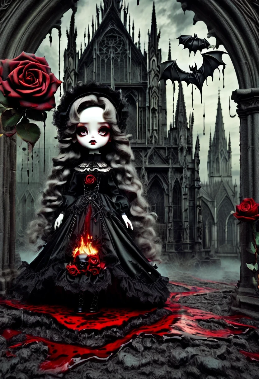 (Messenger from hell:1.4),Gothic aesthetics暗色调,cross,Rose,scary doll girl,dark Gothic,steampunk gothic victorian style, dark, hell,magma,flame,(紫色flame:1.3),There is fresh Blood on the ground,Blood pool,dripping Blood,Gothic aesthetics,one、Rose、castle、cross、Blood、churchyard,gothic style的神秘、solemn and profound,gothic style,gothic style蕾丝的衣服、象征浪漫的Rose、grave、吸Blood鬼、witch、ruins、gothic cathedral,Gothic symbols series
