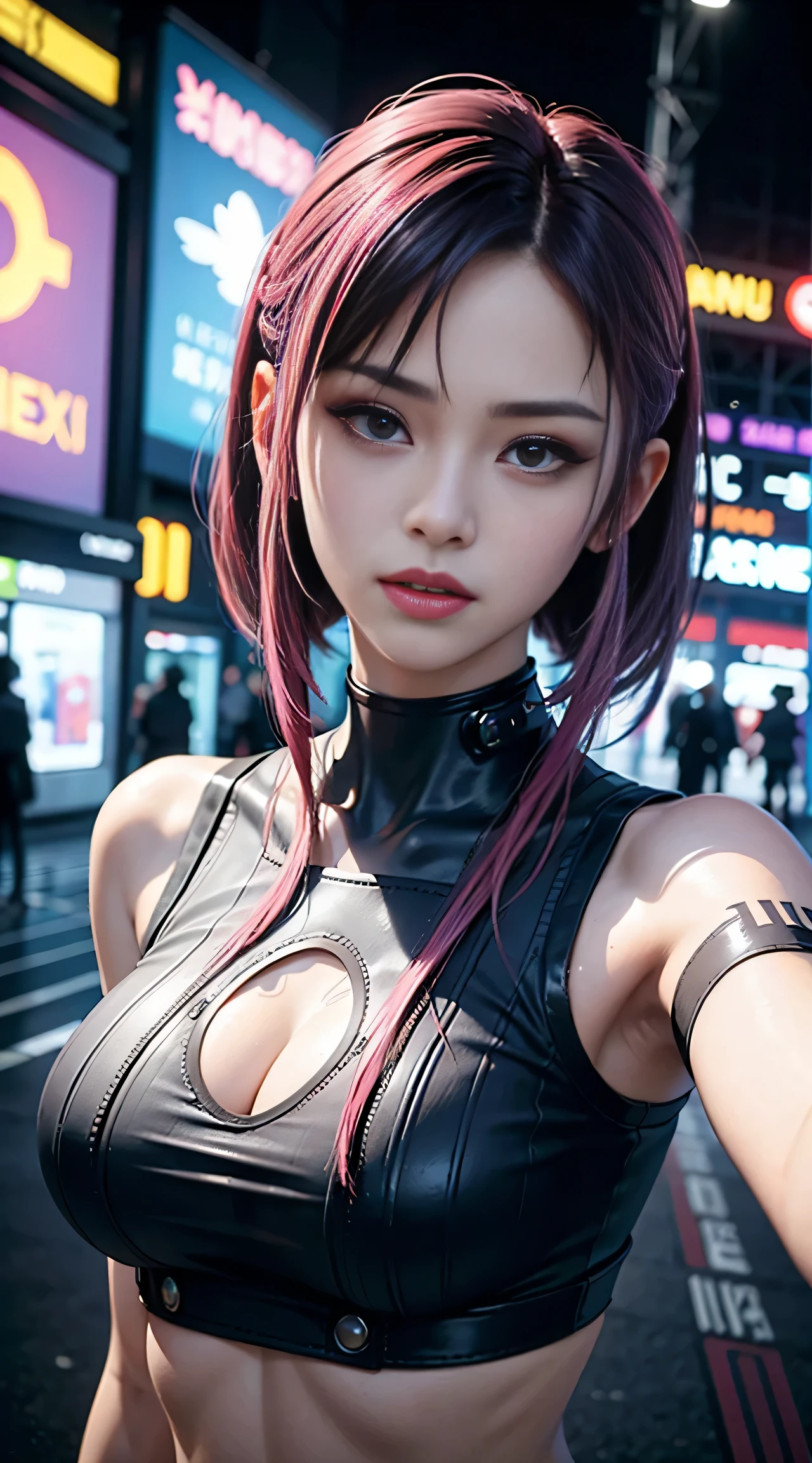 sfw, masterpiece, best quality, ((2 cyberpunk girls standing together taking selfie portrait)), ((((Harajuku-inspired cyberpunk clothing)))), bold colors and patterns, eye-catching accessories, trendy and innovative hairstyle))), dazzling Cyberpunk cityscape, skyscrapers, glowing neon signs, LED lights, anime illustration, detailed skin texture, detailed cloth texture, beautiful detailed face, intricate details, ultra detailed, cinematic lighting, strong contrast, wearing bra,((skinny waist)), young asian girl, ((big breasted)),