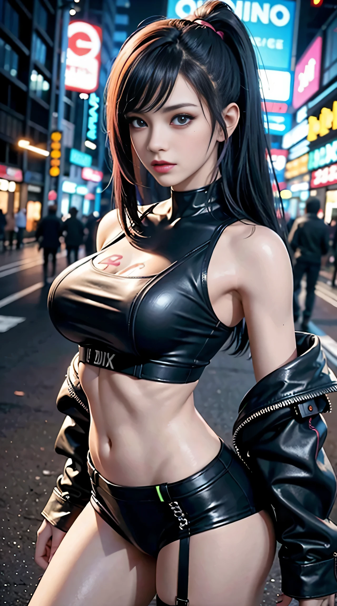 sfw, masterpiece, best quality, ((2 cyberpunk girls standing together taking selfie portrait)), ((((Harajuku-inspired cyberpunk clothing)))), bold colors and patterns, eye-catching accessories, trendy and innovative hairstyle))), dazzling Cyberpunk cityscape, skyscrapers, glowing neon signs, LED lights, anime illustration, detailed skin texture, detailed cloth texture, beautiful detailed face, intricate details, ultra detailed, cinematic lighting, strong contrast, wearing bra,((skinny waist)), young asian girl, ((big breasted)),