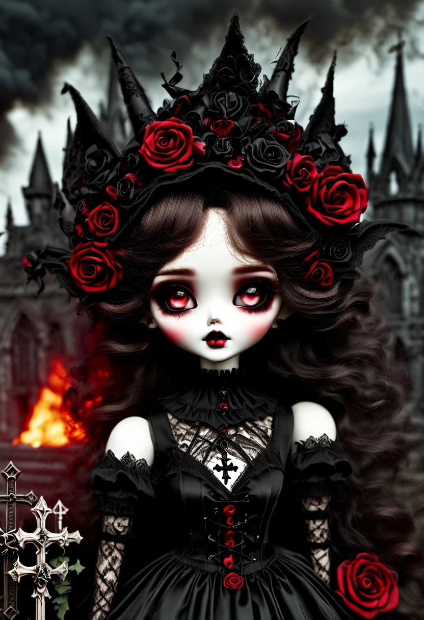 （Messenger from hell：1.4），Gothic aesthetics暗色调，cross，Rose，scary doll girl,big eyes，dark Gothic，steampunk gothic victorian style, dark, engulfed in smoke，hell，magma，flame，（紫色flame：1.3），There is fresh Blood on the ground，Blood pool，dripping Blood，Gothic aesthetics，one、Rose、castle、cross、Blood、churchyard，gothic style的神秘、solemn and profound，gothic style，gothic style蕾丝的衣服、象征浪漫的Rose、grave、吸Blood鬼、witch、ruins、gothic cathedral，Gothic symbols series