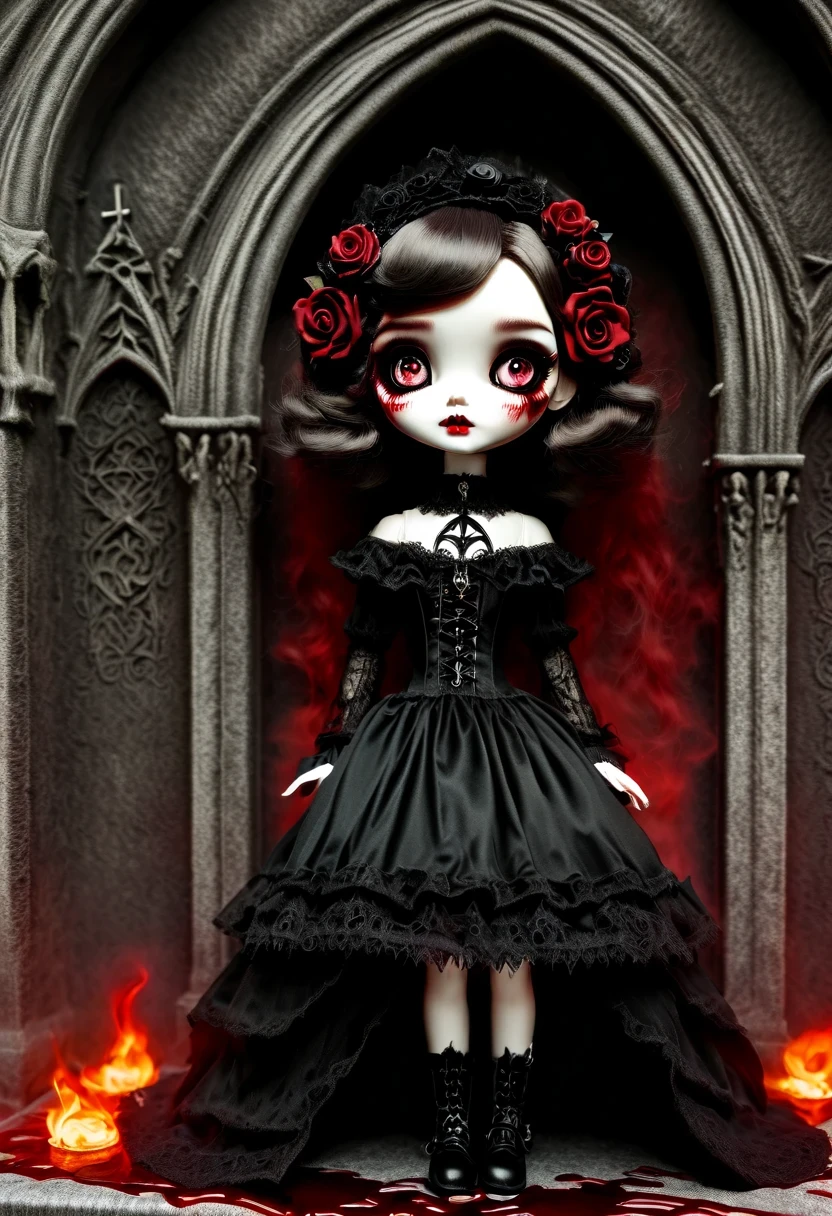 （Messenger from hell：1.4），Gothic aesthetics暗色调，cross，Rose，scary doll girl,big eyes，dark Gothic，steampunk gothic victorian style, dark, engulfed in smoke，hell，magma，flame，（紫色flame：1.3），There is fresh Blood on the ground，Blood pool，dripping Blood，Gothic aesthetics，one、Rose、castle、cross、Blood、churchyard，gothic style的神秘、solemn and profound，gothic style，gothic style蕾丝的衣服、象征浪漫的Rose、grave、吸Blood鬼、witch、ruins、gothic cathedral，Gothic symbols series