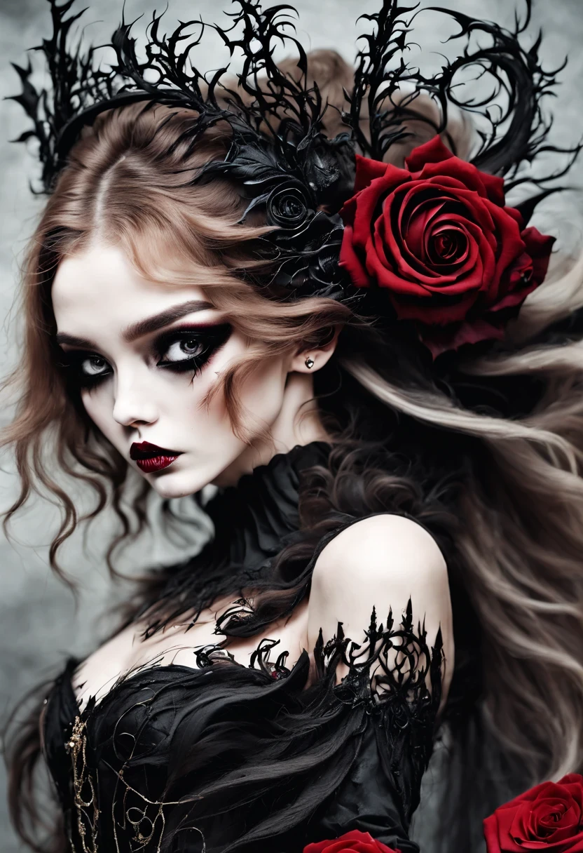 gothic fashion show, beautiful details,cross,Rose,beautiful model,vampire smoky eye,nightmare,cold,decadent, Minimalism