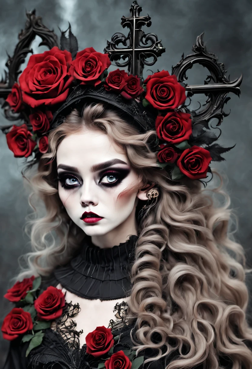 gothic fashion show, beautiful details,cross,Rose,beautiful model,vampire smoky eye,nightmare,cold,decadent, Minimalism