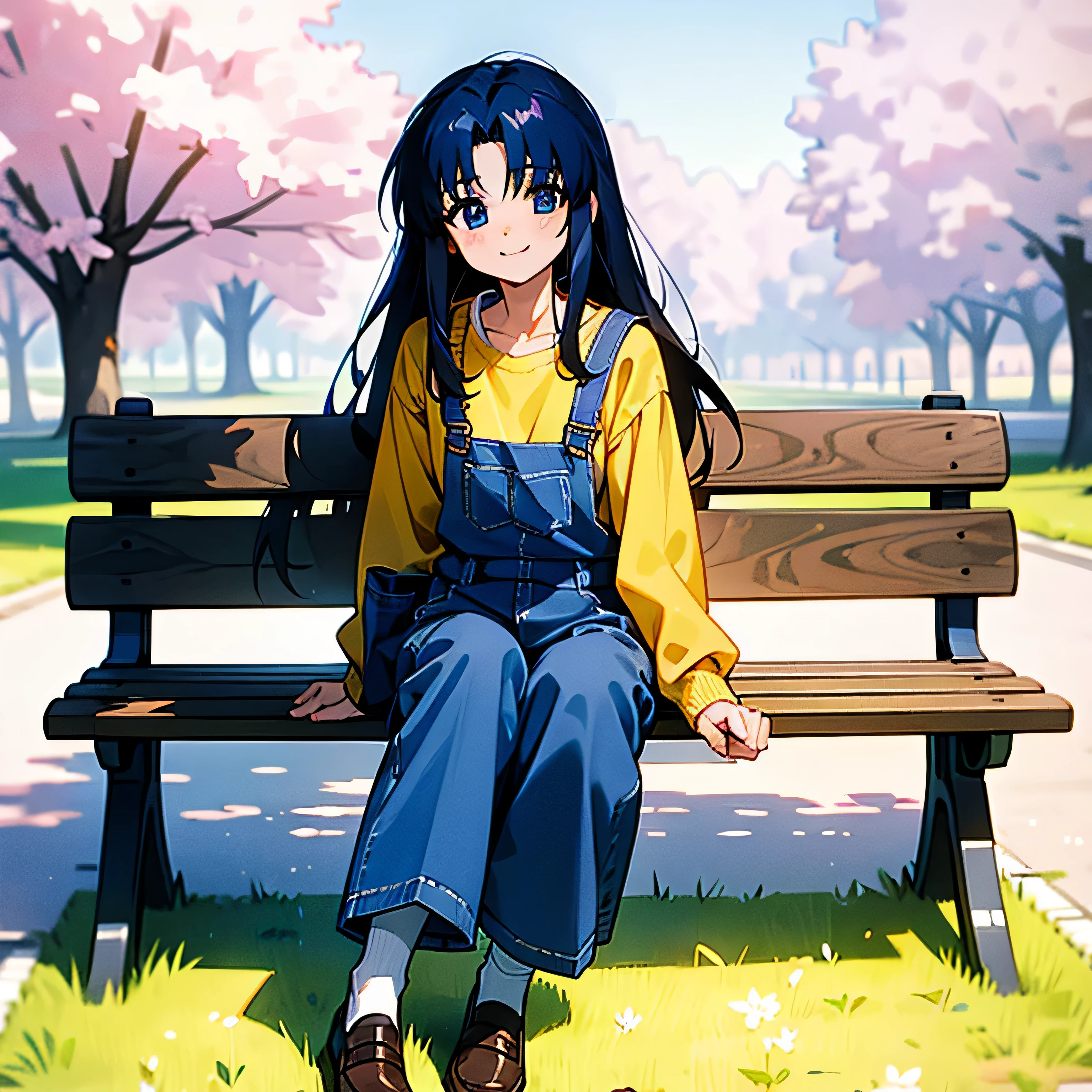 Anime girl sitting on a bench in a park with cherry trees - SeaArt AI
