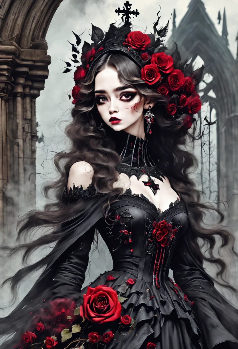 gothic fashion show， beautiful details，cross，Rose，beautiful model，吸Blood鬼烟熏妆，nightmare，cold，decadent， （dark Gothic，steampunk gothic victorian style）, dark, engulfed in smoke，hell，magma，flame，（紫色flame：1.3），There is fresh Blood on the ground，Blood pool，dripping Blood，Gothic aesthetics，one、Rose、castle、cross、Blood、churchyard，gothic style的神秘、solemn and profound，gothic style，gothic style蕾丝的衣服、象征浪漫的Rose、grave、吸Blood鬼、witch、ruins、gothic cathedral，Gothic symbols series