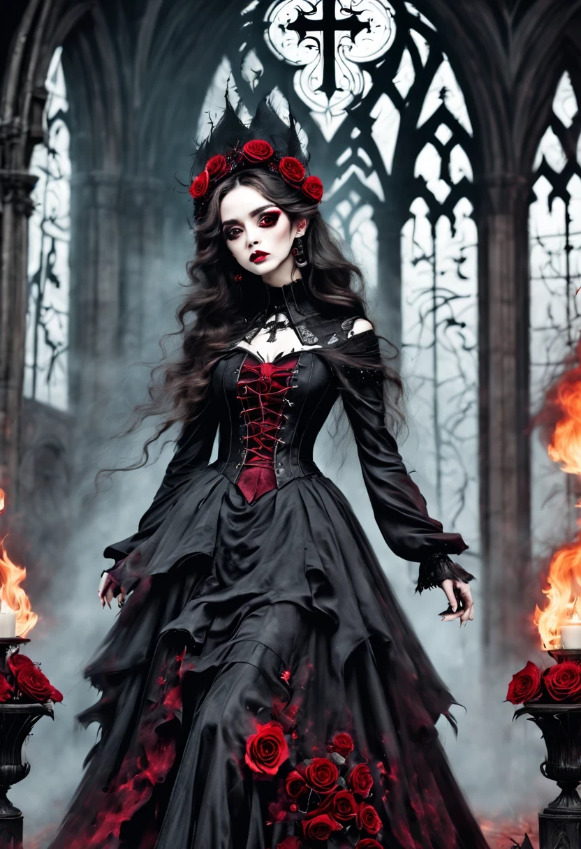 gothic fashion show， beautiful details，cross，Rose，beautiful model，吸Blood鬼烟熏妆，nightmare，cold，decadent， （dark Gothic，steampunk gothic victorian style）, dark, engulfed in smoke，hell，magma，flame，（紫色flame：1.3），There is fresh Blood on the ground，Blood pool，dripping Blood，Gothic aesthetics，one、Rose、castle、cross、Blood、churchyard，gothic style的神秘、solemn and profound，gothic style，gothic style蕾丝的衣服、象征浪漫的Rose、grave、吸Blood鬼、witch、ruins、gothic cathedral，Gothic symbols series