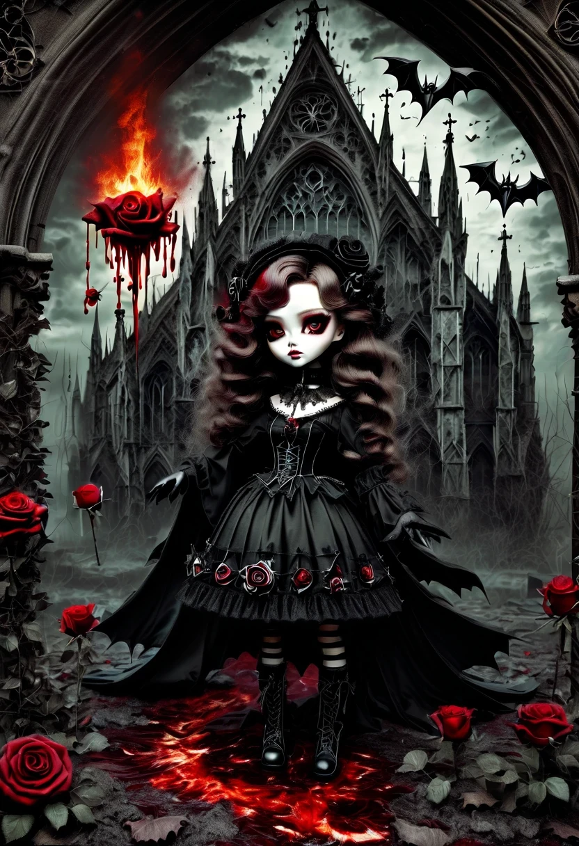 （Messenger from hell：1.4），Gothic aesthetics暗色调，cross，Rose，scary doll girl,dark Gothic，steampunk gothic victorian style, dark, hell，magma，flame，（紫色flame：1.3），There is fresh Blood on the ground，Blood pool，dripping Blood，Gothic aesthetics，one、Rose、castle、cross、Blood、churchyard，gothic style的神秘、solemn and profound，gothic style，gothic style蕾丝的衣服、象征浪漫的Rose、grave、吸Blood鬼、witch、ruins、gothic cathedral，Gothic symbols series