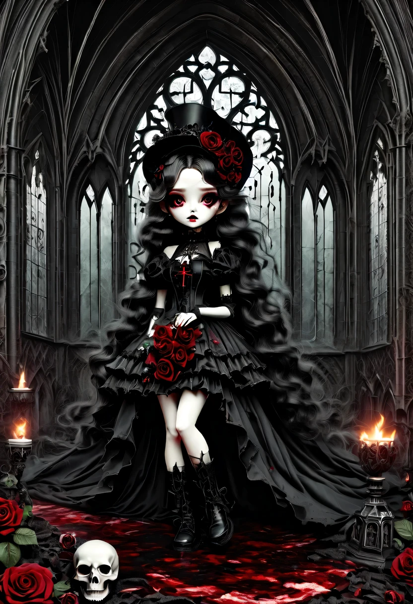 （Messenger from hell：1.4），Gothic aesthetics暗色调，cross，Rose，scary doll girl,dark Gothic，steampunk gothic victorian style, dark, hell，magma，flame，（紫色flame：1.3），There is fresh Blood on the ground，Blood pool，dripping Blood，Gothic aesthetics，one、Rose、castle、cross、Blood、churchyard，gothic style的神秘、solemn and profound，gothic style，gothic style蕾丝的衣服、象征浪漫的Rose、grave、吸Blood鬼、witch、ruins、gothic cathedral，Gothic symbols series