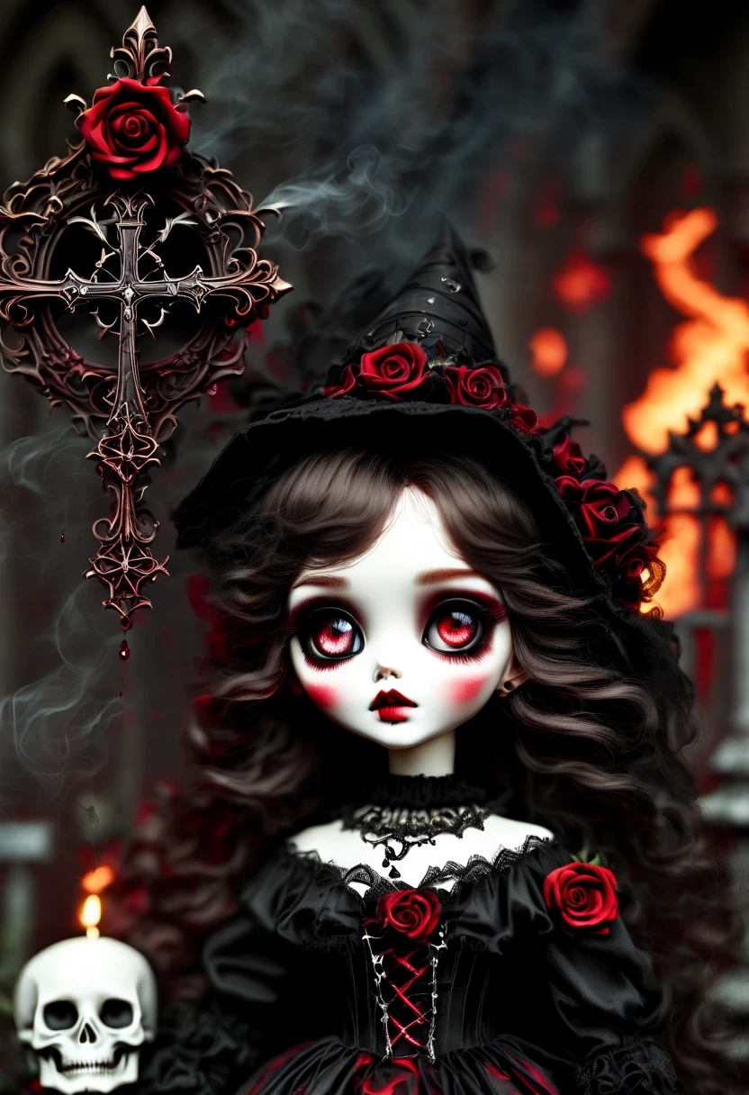 (Messenger from hell:1.4),Gothic aesthetics暗色调,cross,Rose,scary doll girl,big eyes,dark Gothic,steampunk gothic victorian style, dark, engulfed in smoke,hell,magma,flame,(紫色flame:1.3),There is fresh Blood on the ground,Blood pool,dripping Blood,Gothic aesthetics,one、Rose、castle、cross、Blood、churchyard,gothic style的神秘、solemn and profound,gothic style,gothic style蕾丝的衣服、象征浪漫的Rose、grave、吸Blood鬼、witch、ruins、gothic cathedral,Gothic symbols series