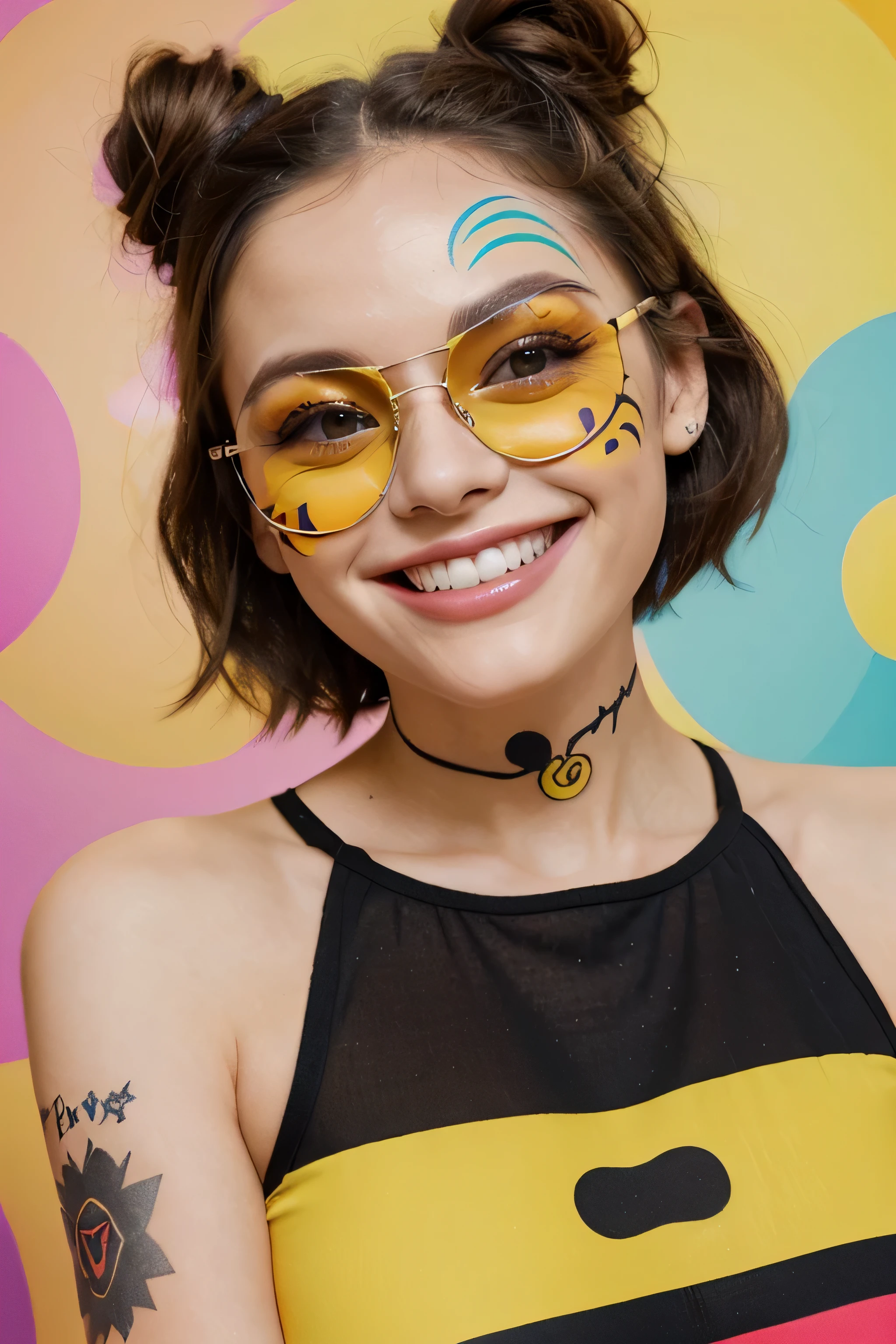 a {😀Grinning Face stylish girl with sunglasses, full Face Paint and Face Tattoos, A yellow face with simple, open eyes and a broad, open smile, showing upper teeth and tongue on some platforms. Often conveys general pleasure and good cheer or humor. Not to be confused with 😃 Grinning Face With Big Eyes or 😄 Grinning Face With Smiling Eyes, which have the same smiles but more expressive eye shapes. } in a color layered background, in the style of vibrant illustrations, editorial illustrations playful streamlined forms, festive atmosphere, rough chalk, minimal art