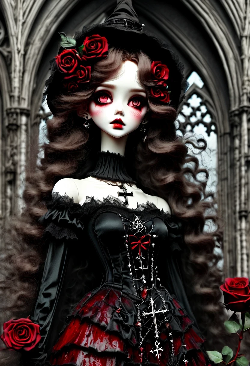 （Messenger from hell：1.4），Gothic aesthetics暗色调，cross，Rose，scary doll girl,dark Gothic，steampunk gothic victorian style, dark, hell，magma，flame，（紫色flame：1.3），There is fresh Blood on the ground，Blood pool，dripping Blood，Gothic aesthetics，one、Rose、castle、cross、Blood、churchyard，gothic style的神秘、solemn and profound，gothic style，gothic style蕾丝的衣服、象征浪漫的Rose、grave、吸Blood鬼、witch、ruins、gothic cathedral，Gothic symbols series