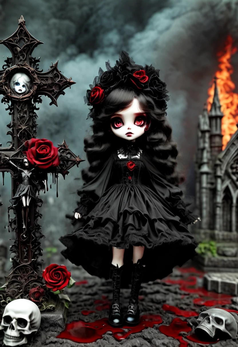 （Messenger from hell：1.4），Gothic aesthetics暗色调，cross，Rose，scary doll girl,big eyes，dark Gothic，steampunk gothic victorian style, dark, engulfed in smoke，hell，magma，flame，（紫色flame：1.3），There is fresh Blood on the ground，Blood pool，dripping Blood，Gothic aesthetics，one、Rose、castle、cross、Blood、churchyard，gothic style的神秘、solemn and profound，gothic style，gothic style蕾丝的衣服、象征浪漫的Rose、grave、吸Blood鬼、witch、ruins、gothic cathedral，Gothic symbols series