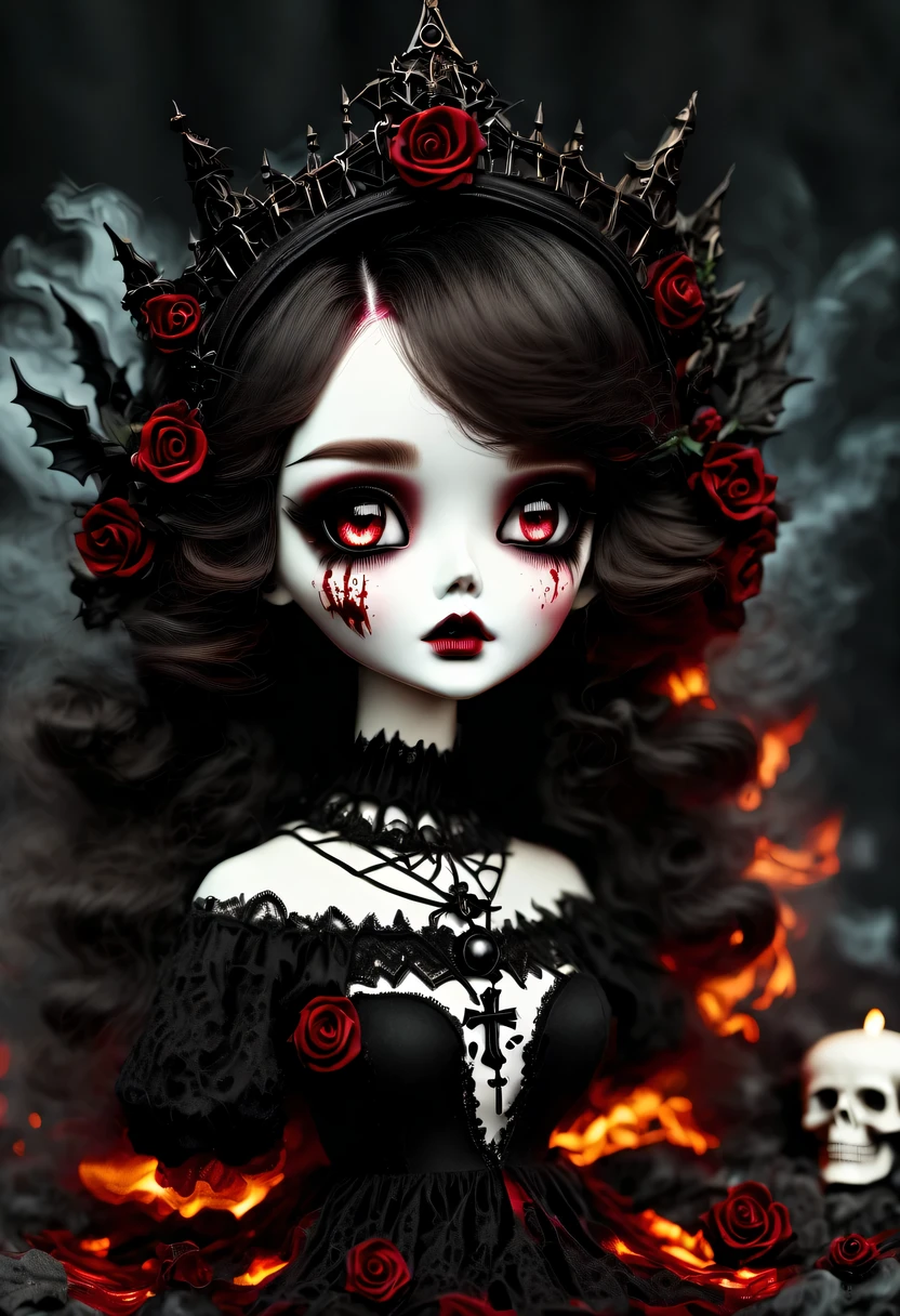 (Messenger from hell:1.4),Gothic aesthetics暗色调,cross,Rose,scary doll girl,big eyes,dark Gothic,steampunk gothic victorian style, dark, engulfed in smoke,hell,magma,flame,(紫色flame:1.3),There is fresh Blood on the ground,Blood pool,dripping Blood,Gothic aesthetics,one、Rose、castle、cross、Blood、churchyard,gothic style的神秘、solemn and profound,gothic style,gothic style蕾丝的衣服、象征浪漫的Rose、grave、吸Blood鬼、witch、ruins、gothic cathedral,Gothic symbols series